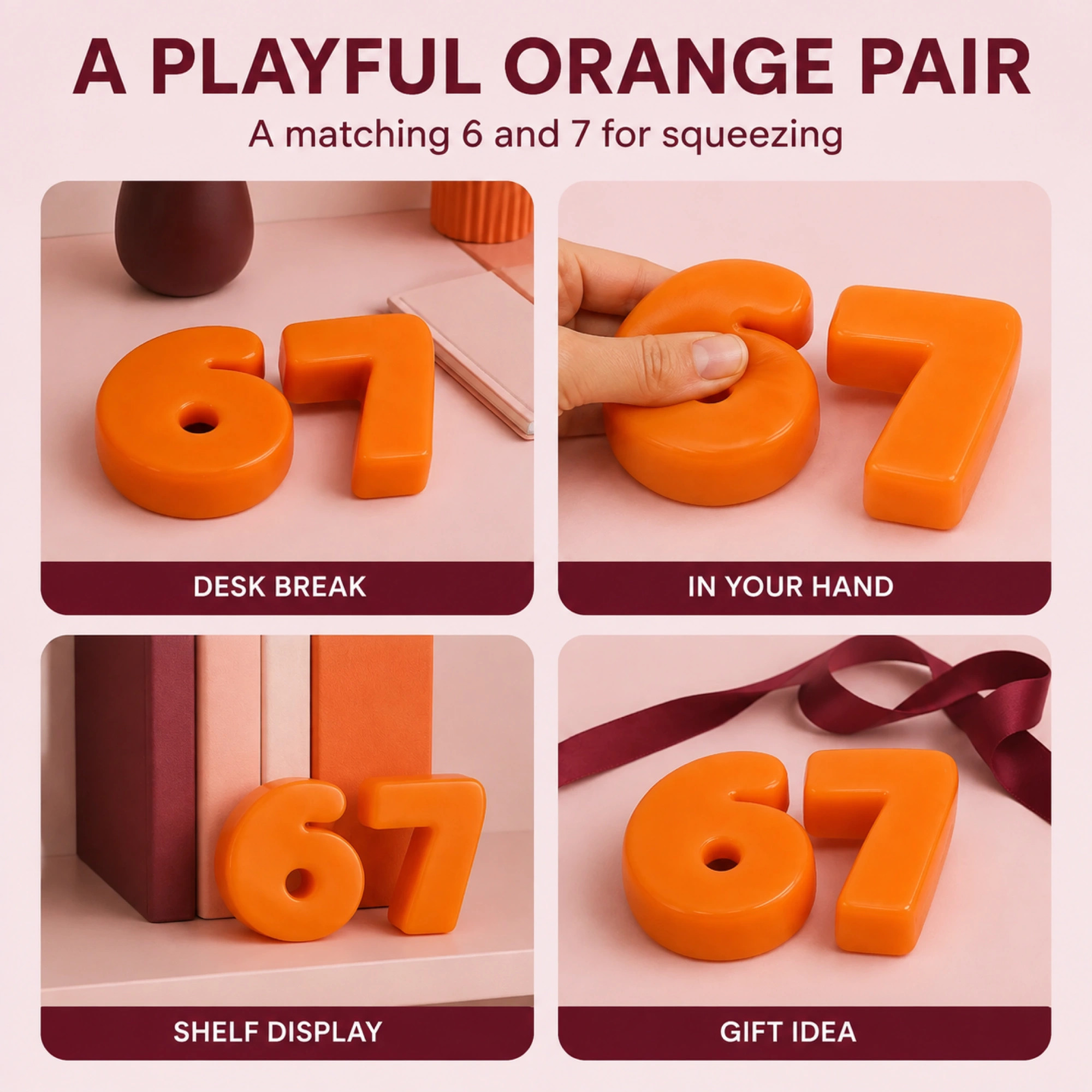 Orange 6 and 7 solid TPR squishy pair - desk hand shelf and gift settings