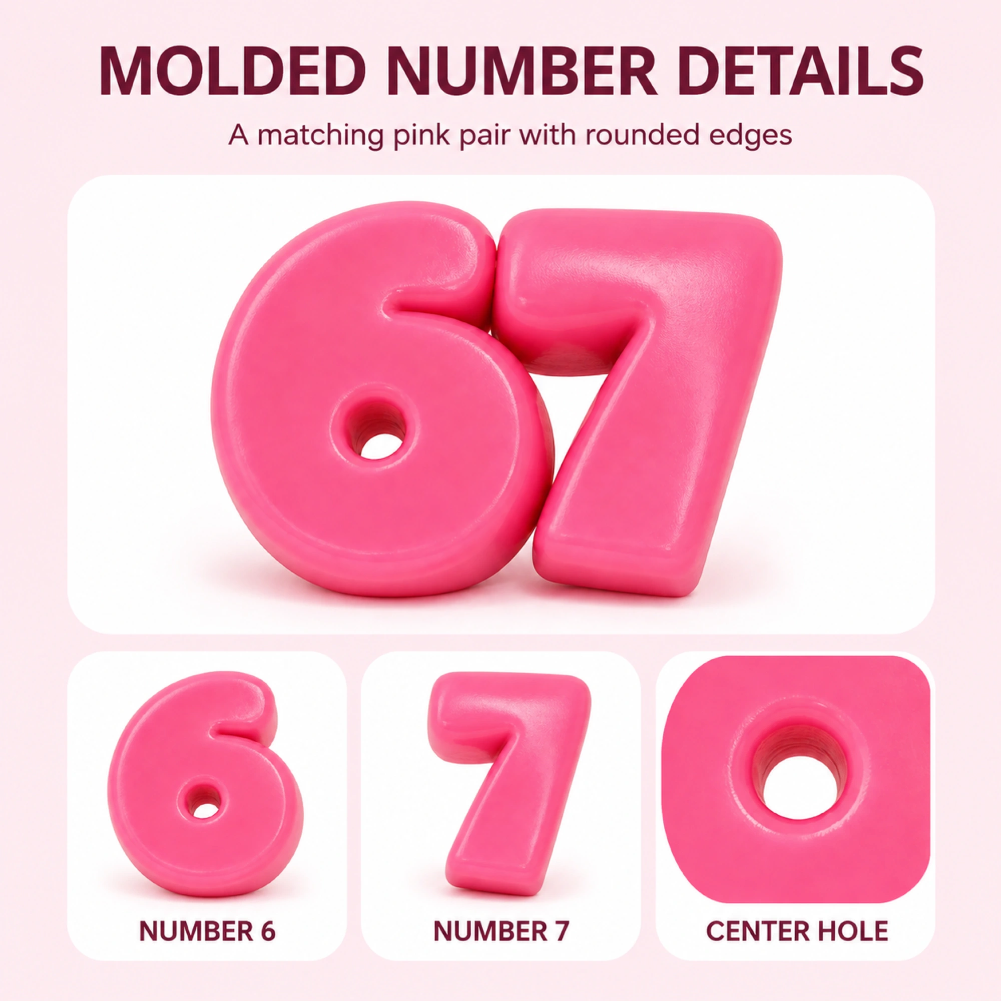 Pink 6 and 7 solid TPR squishy pair - number shape details