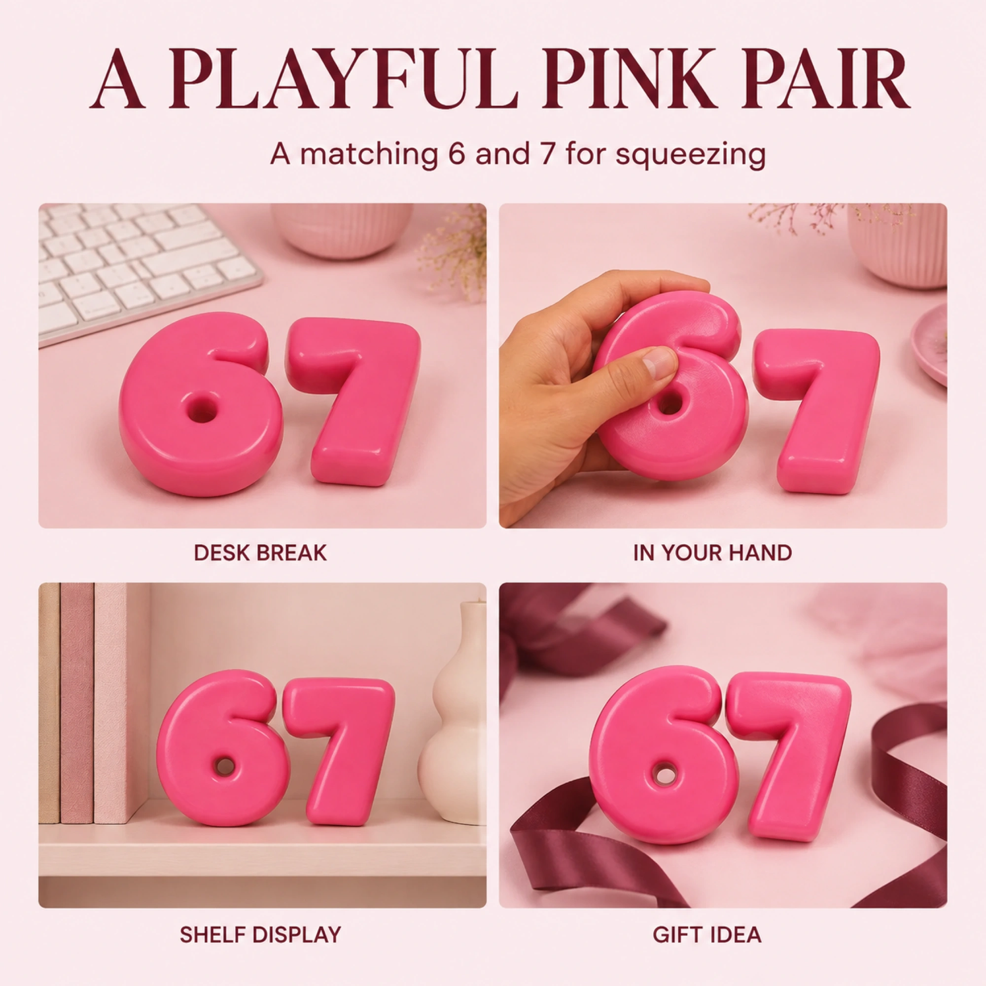Pink 6 and 7 solid TPR squishy pair - desk hand shelf and gift settings