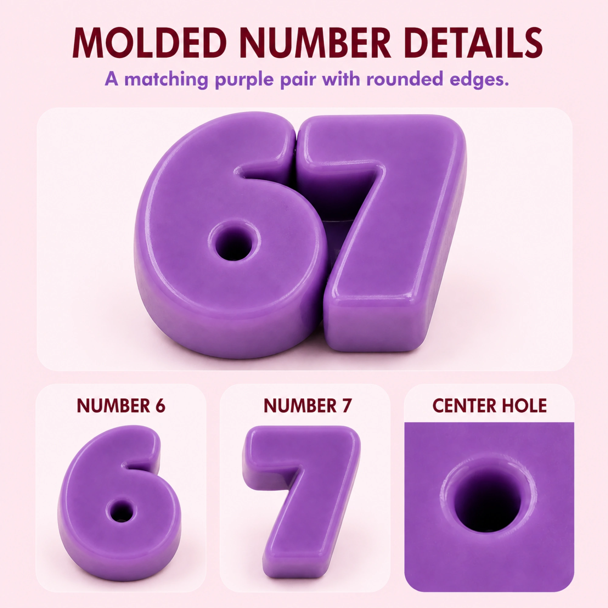 Purple 6 and 7 solid TPR squishy pair - number shape details