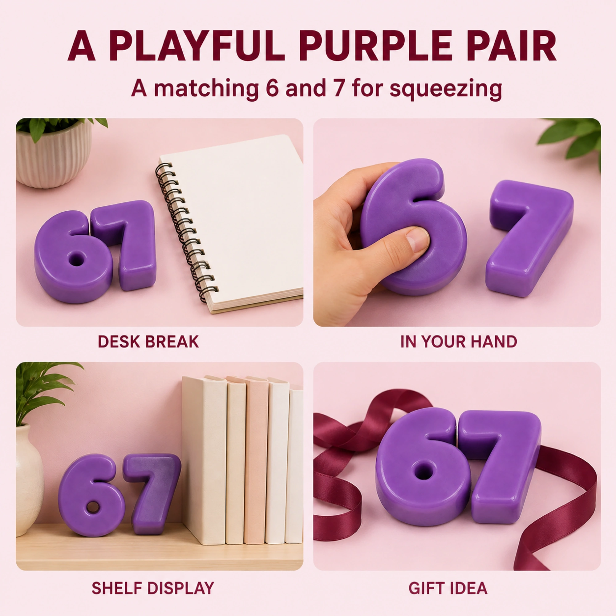 Purple 6 and 7 solid TPR squishy pair - desk hand shelf and gift settings