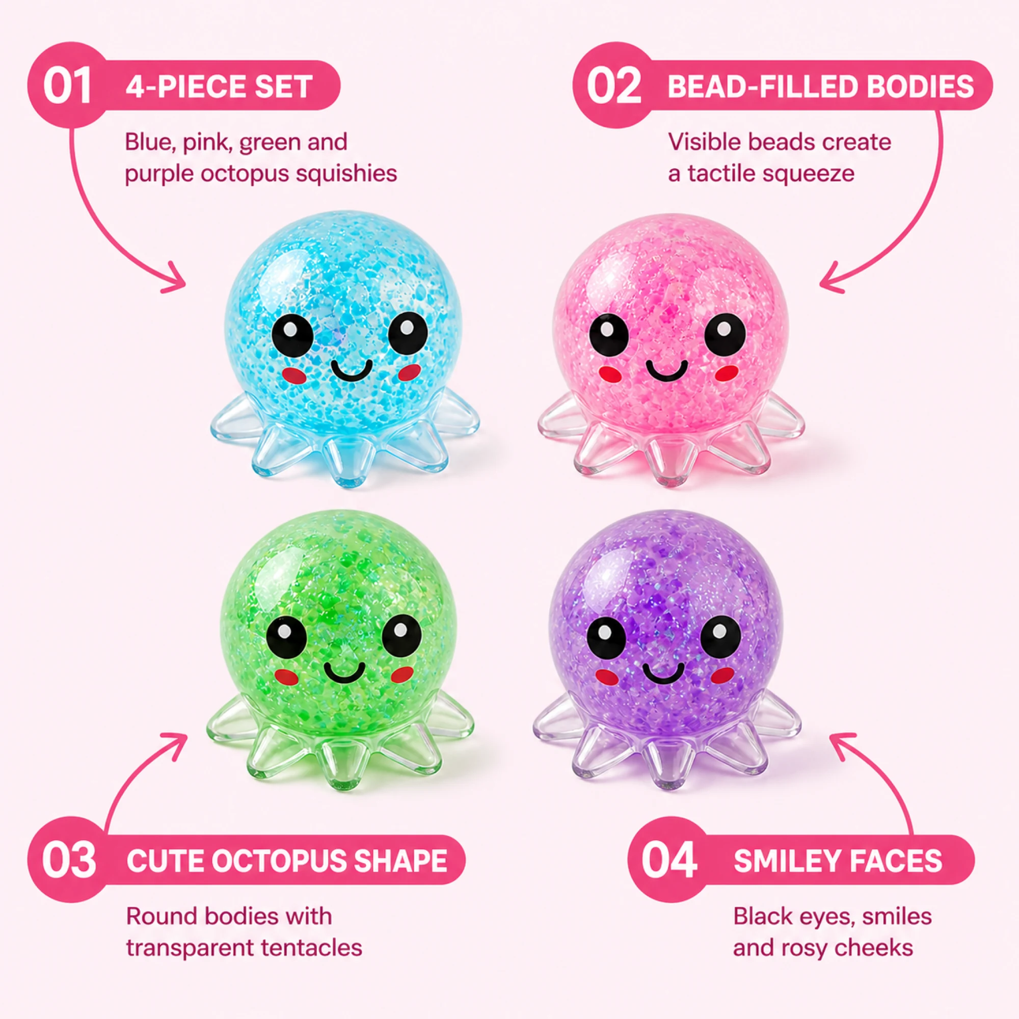 Bead Filled Octopus 스퀴시, 4 Pack Squeeze 스트레스 장난감 — 대체 보기