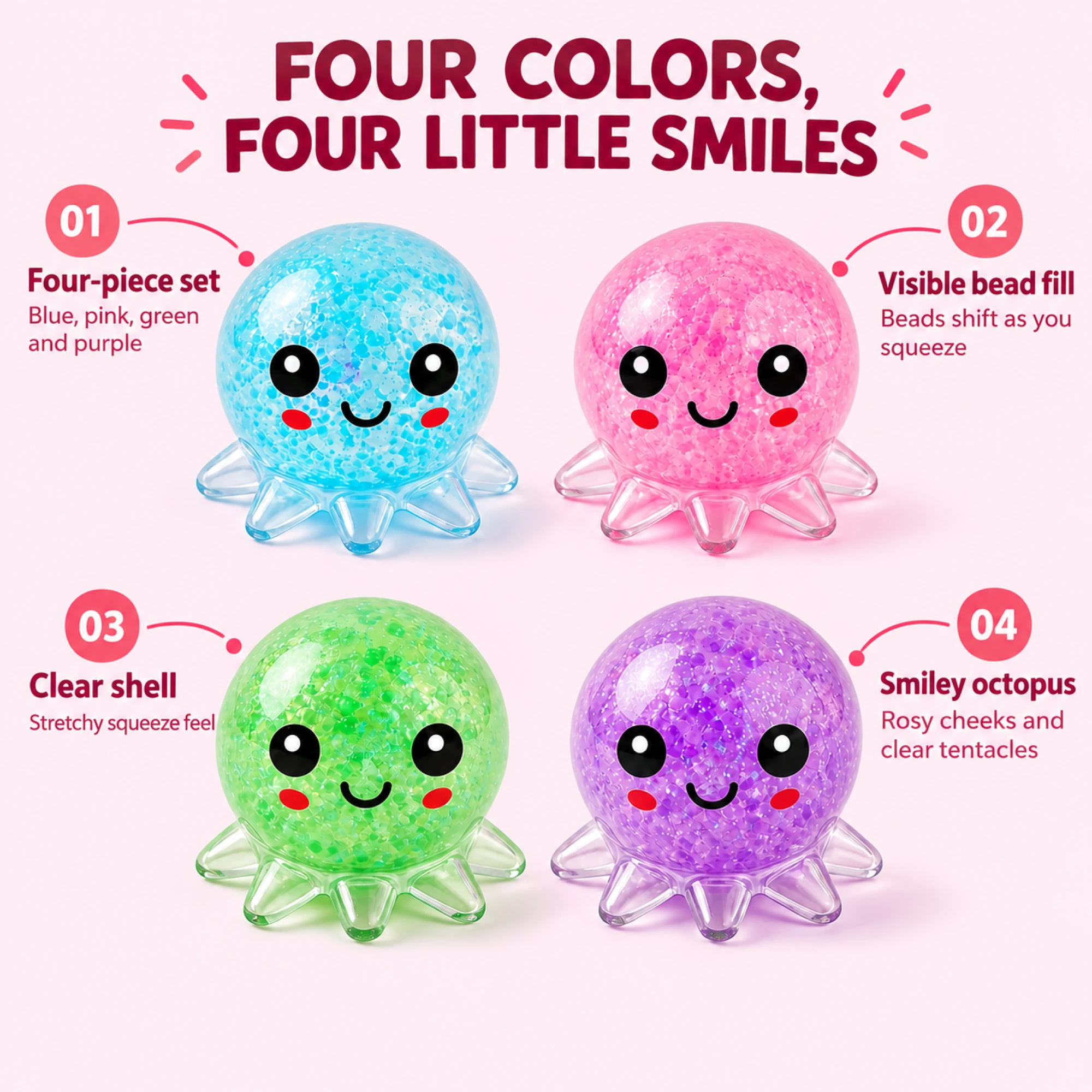 Bead Filled Octopus Squishy, 4 Pack Squeeze Stress Toy — alternate view