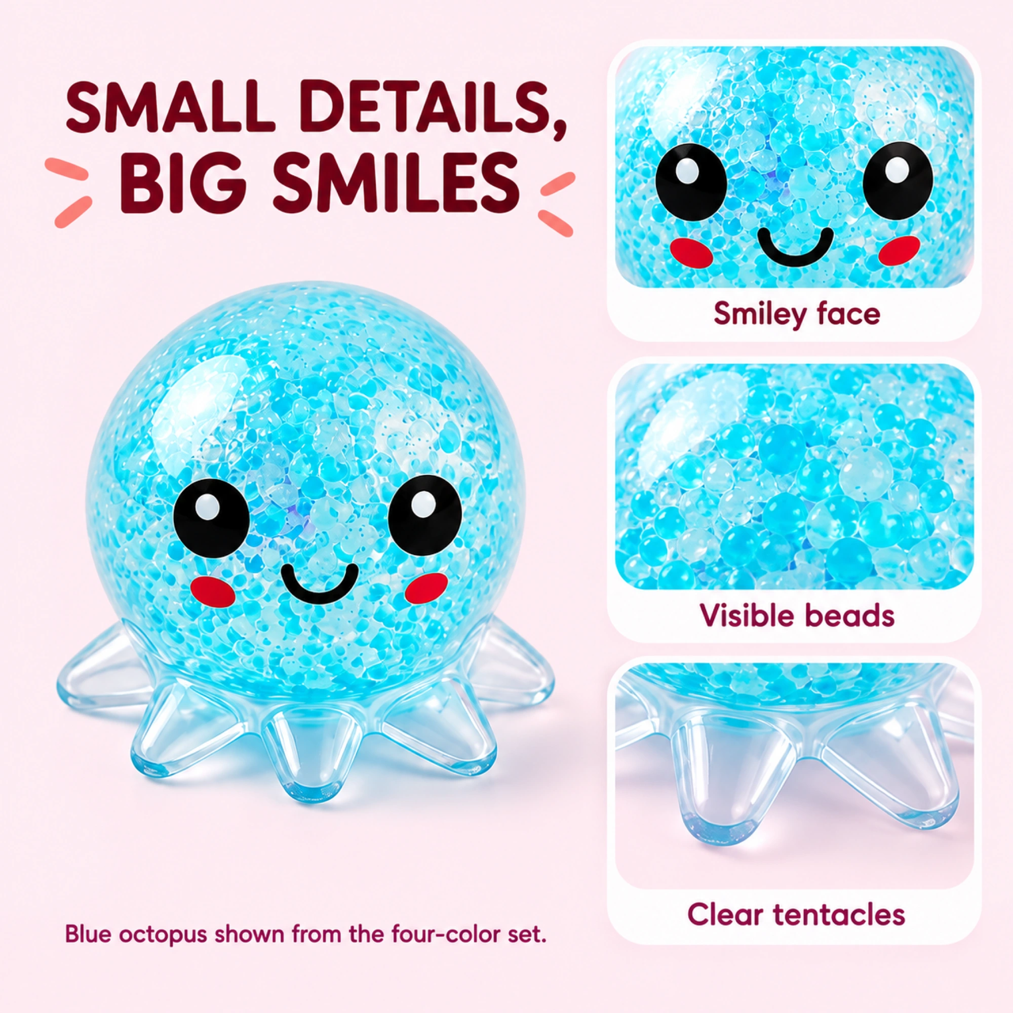 Four-color clear bead-filled octopus squishy set - details