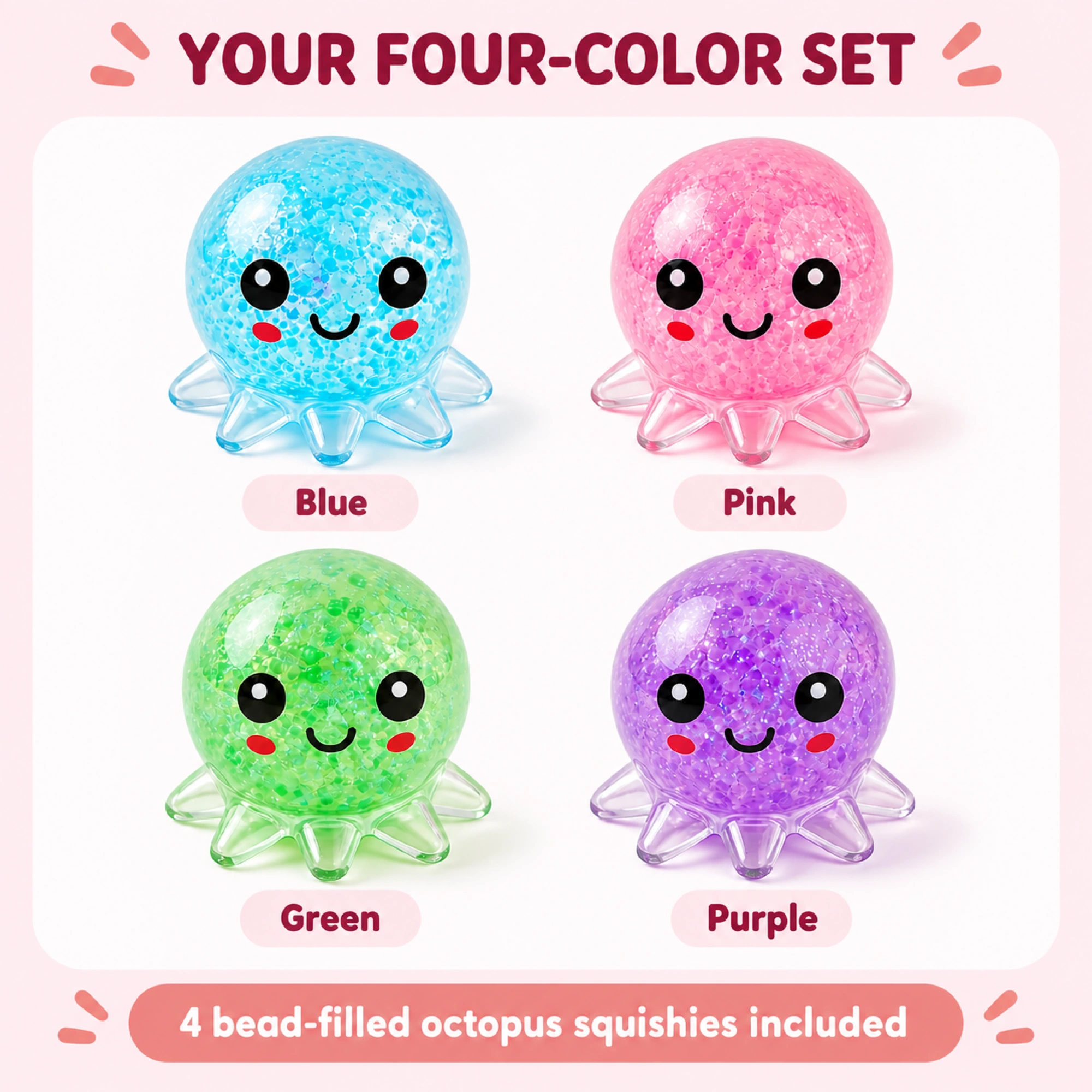 Four-color clear bead-filled octopus squishy set - pack-contents