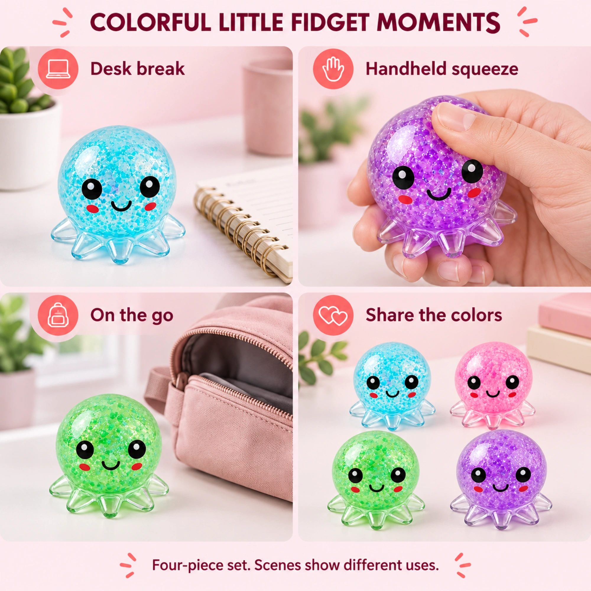 Four-color clear bead-filled octopus squishy set - lifestyle