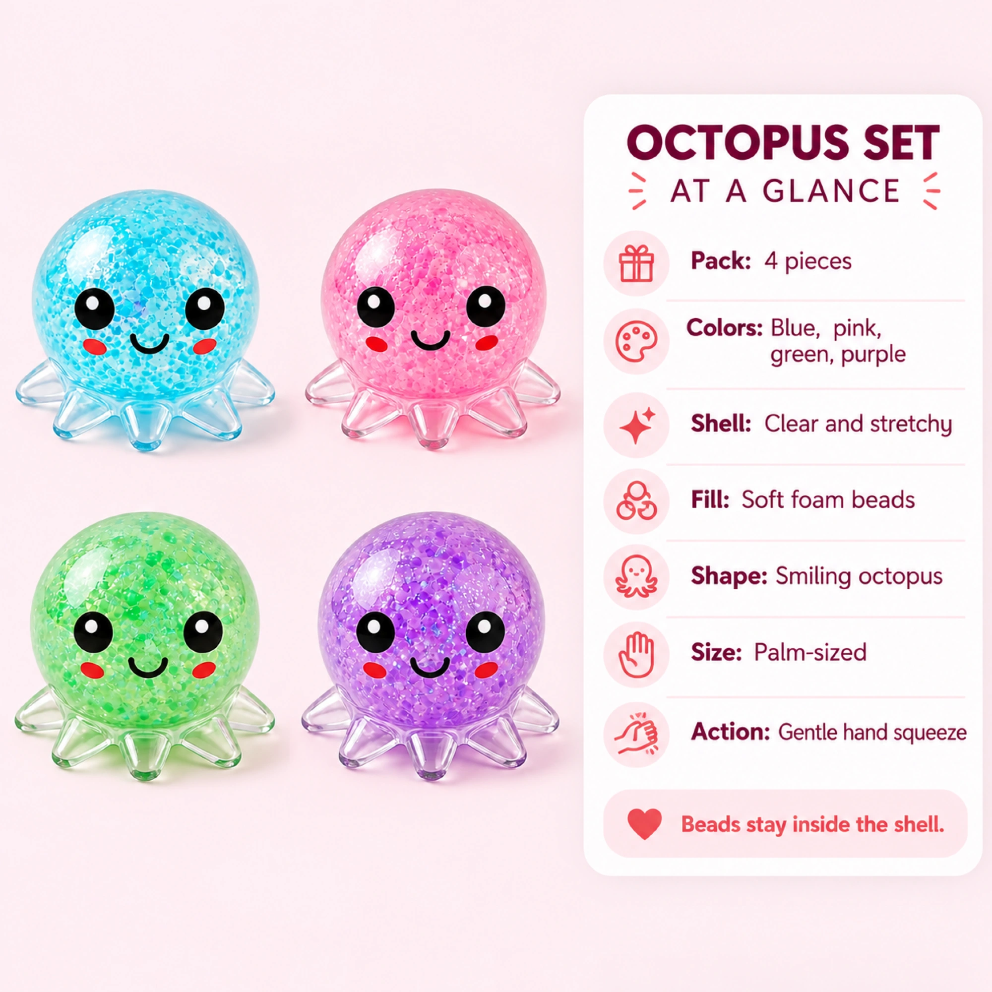 Four-color clear bead-filled octopus squishy set - spec