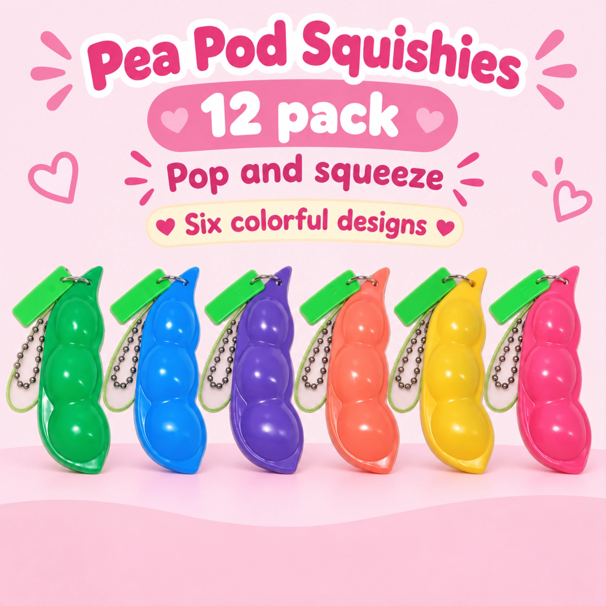 Edamame-Squishy 12er-Pack — bunte Erbsenschoten-Schlüsselanhänger — weitere Ansicht