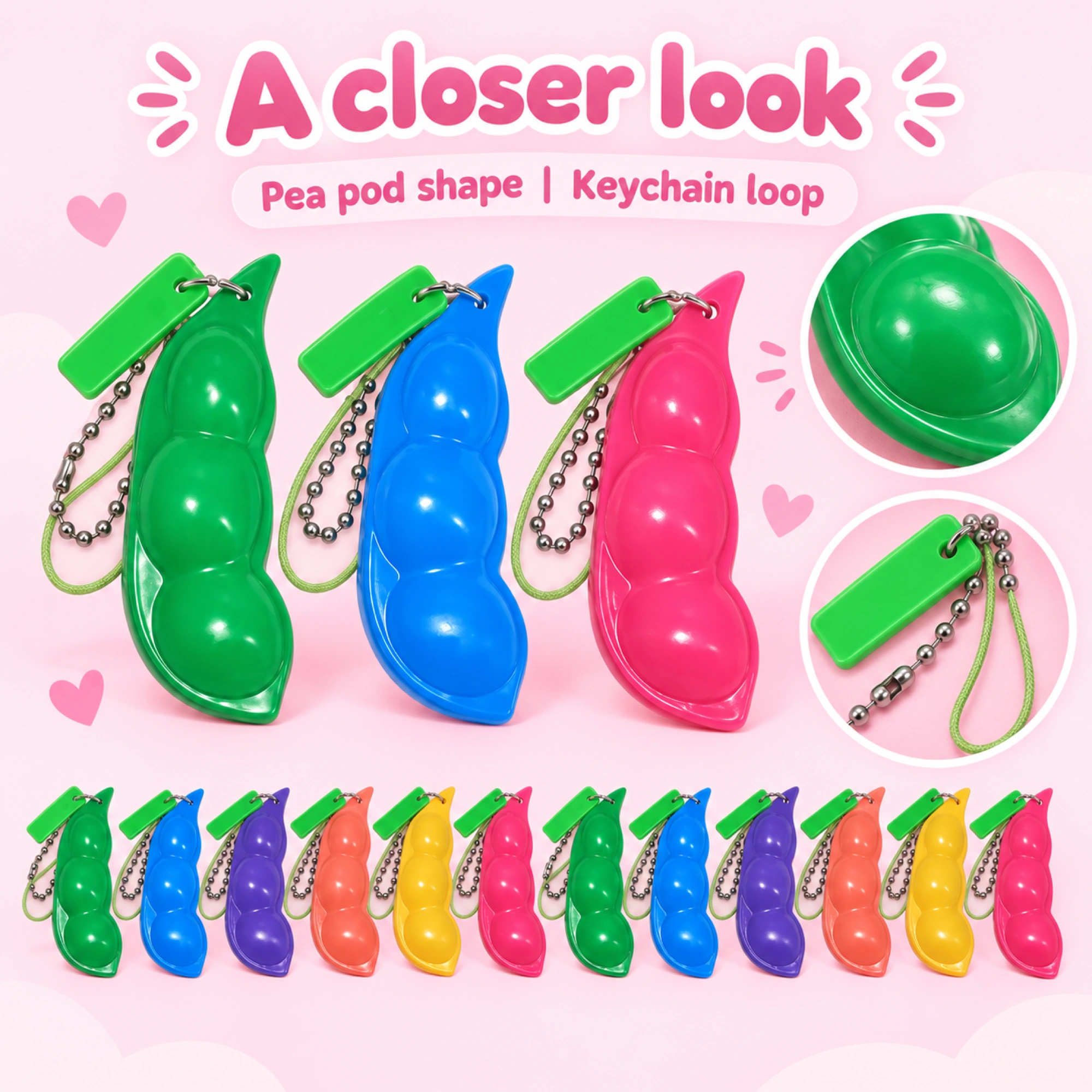 12 Pack Colorful Soybean Squishy Pea Pod Sensory Keychains — details