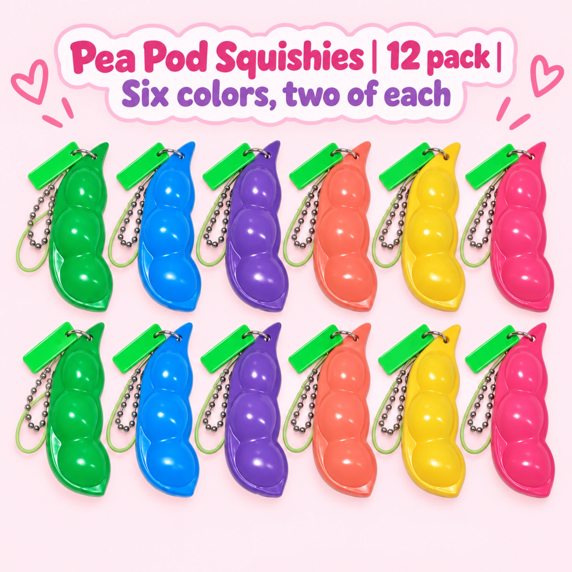 12 Pack Colorful Soybean Squishy Pea Pod Sensory Keychains — pack