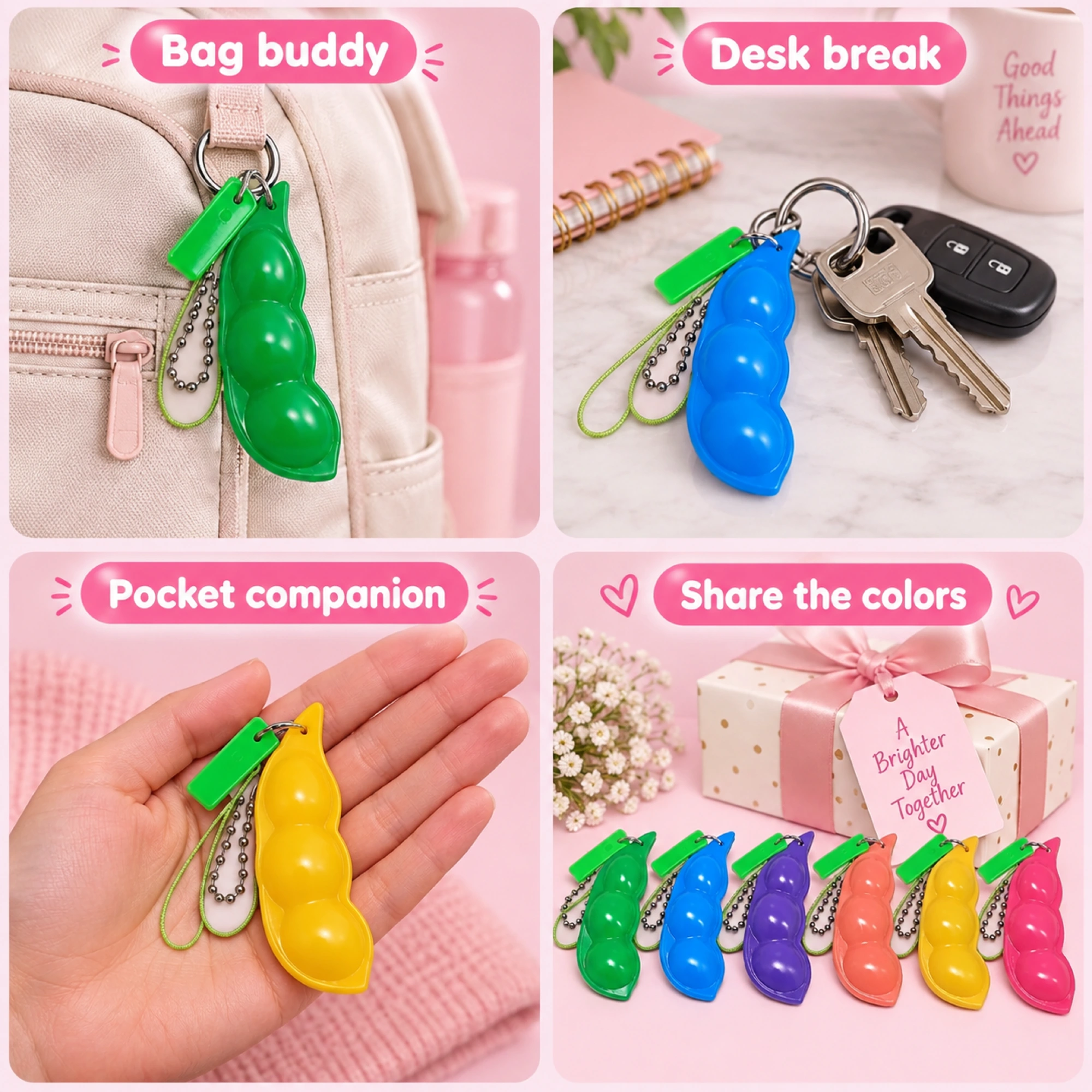 12 Pack Colorful Soybean Squishy Pea Pod Sensory Keychains — lifestyle