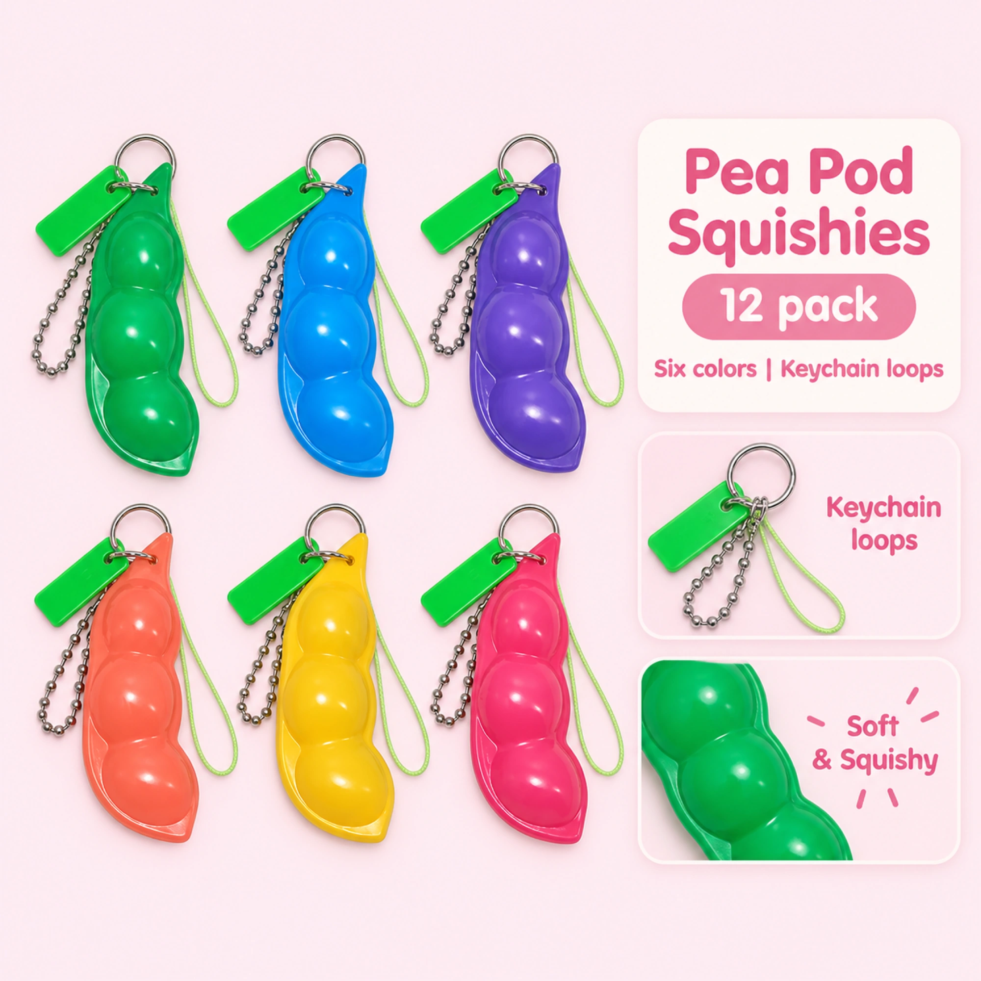 12 Pack Colorful Soybean Squishy Pea Pod Sensory Keychains — spec