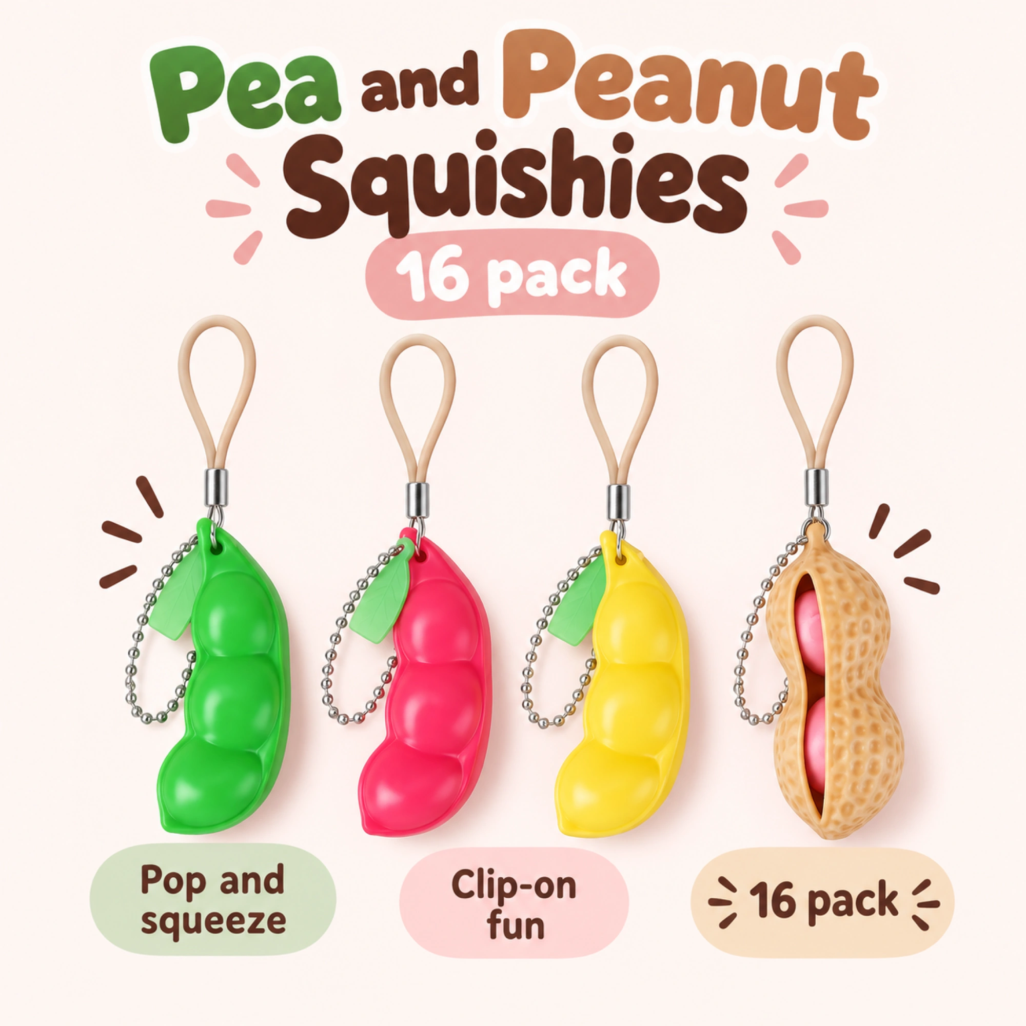 Edamame-Squishy 16er-Pack — Erbsen, Schoten & Erdnüsse als Anhänger — weitere Ansicht