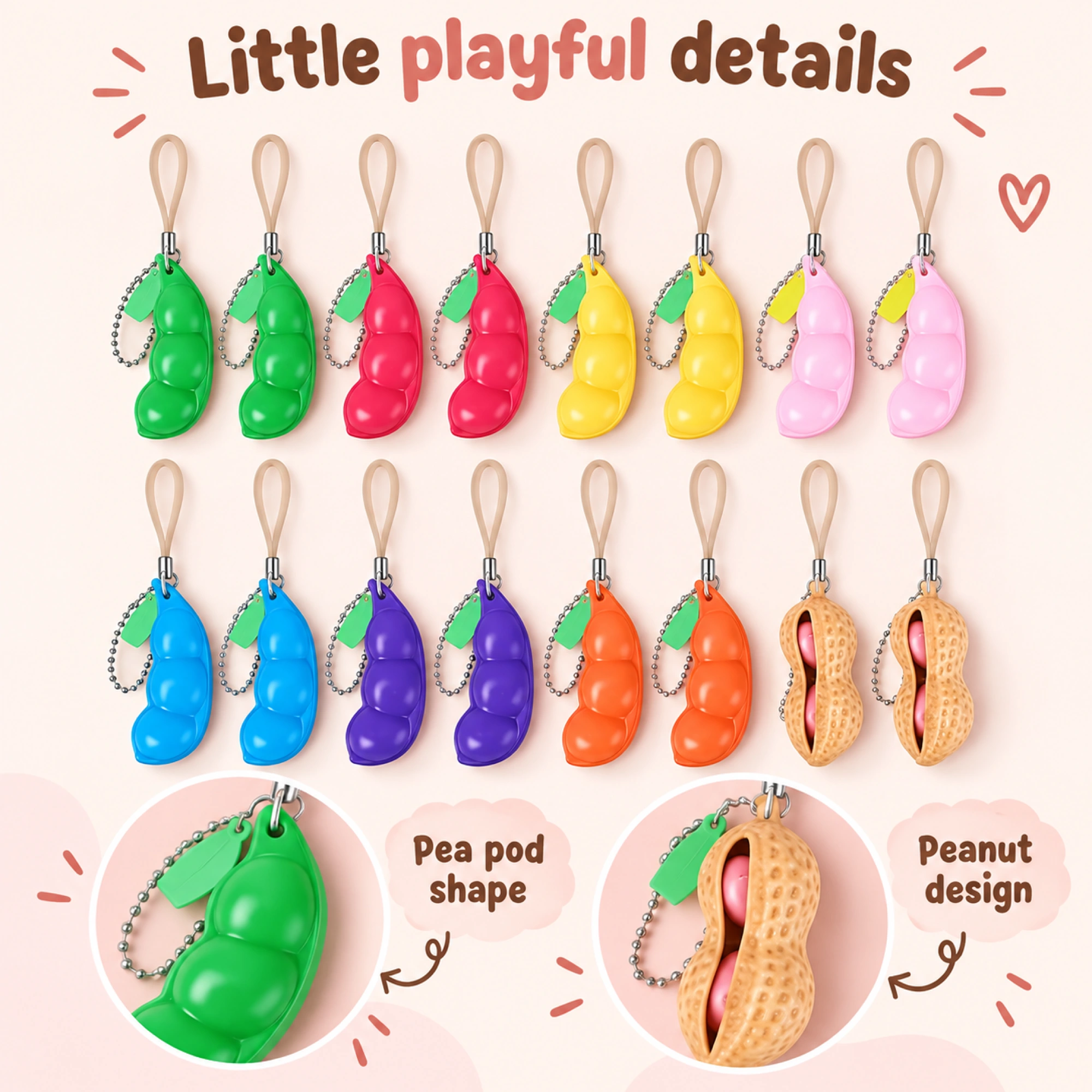 16 Pack Soybean Squishy Pea, Pea Pod &amp; Peanut Keychain Toys — details