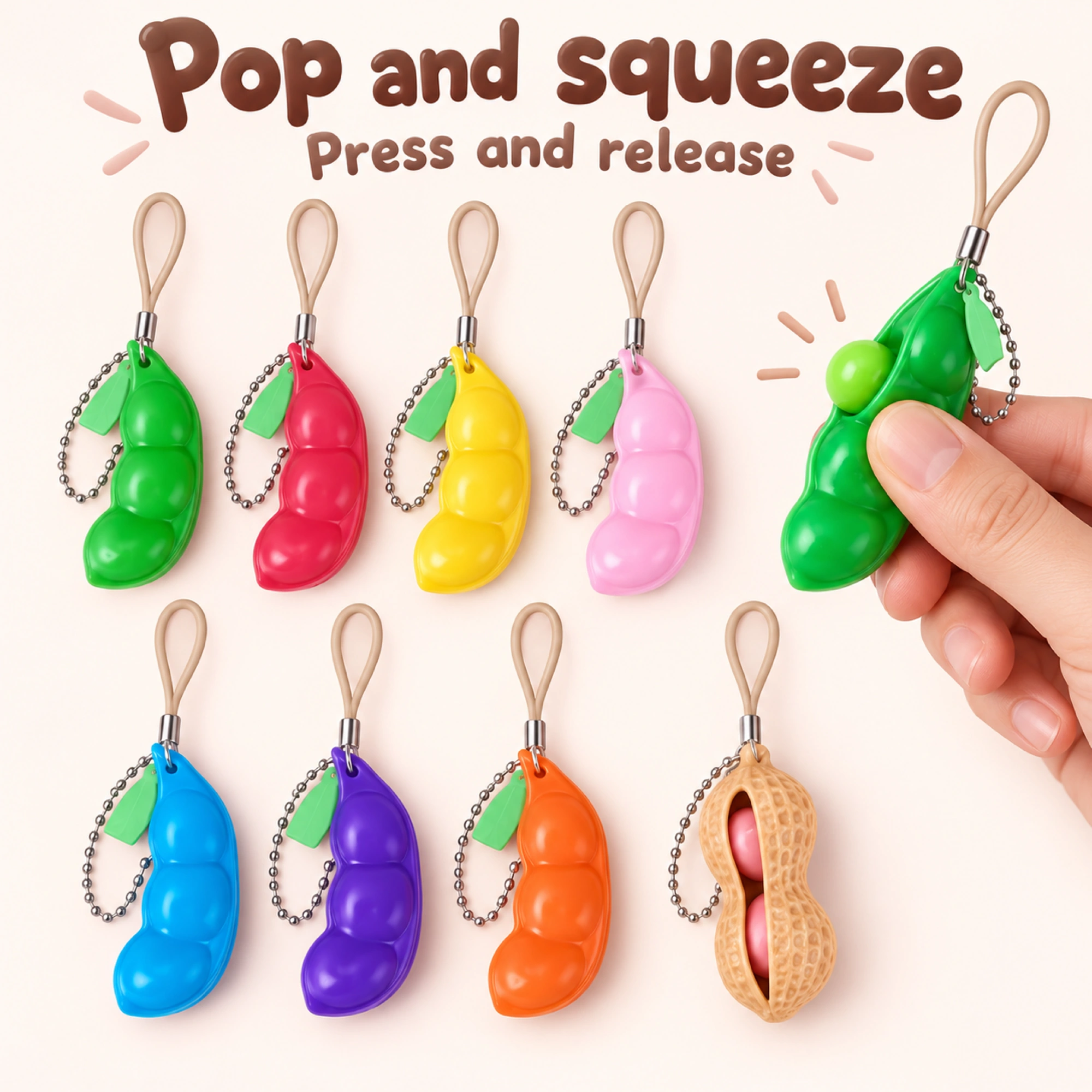 16 Pack Soybean Squishy Pea, Pea Pod &amp; Peanut Keychain Toys — inside