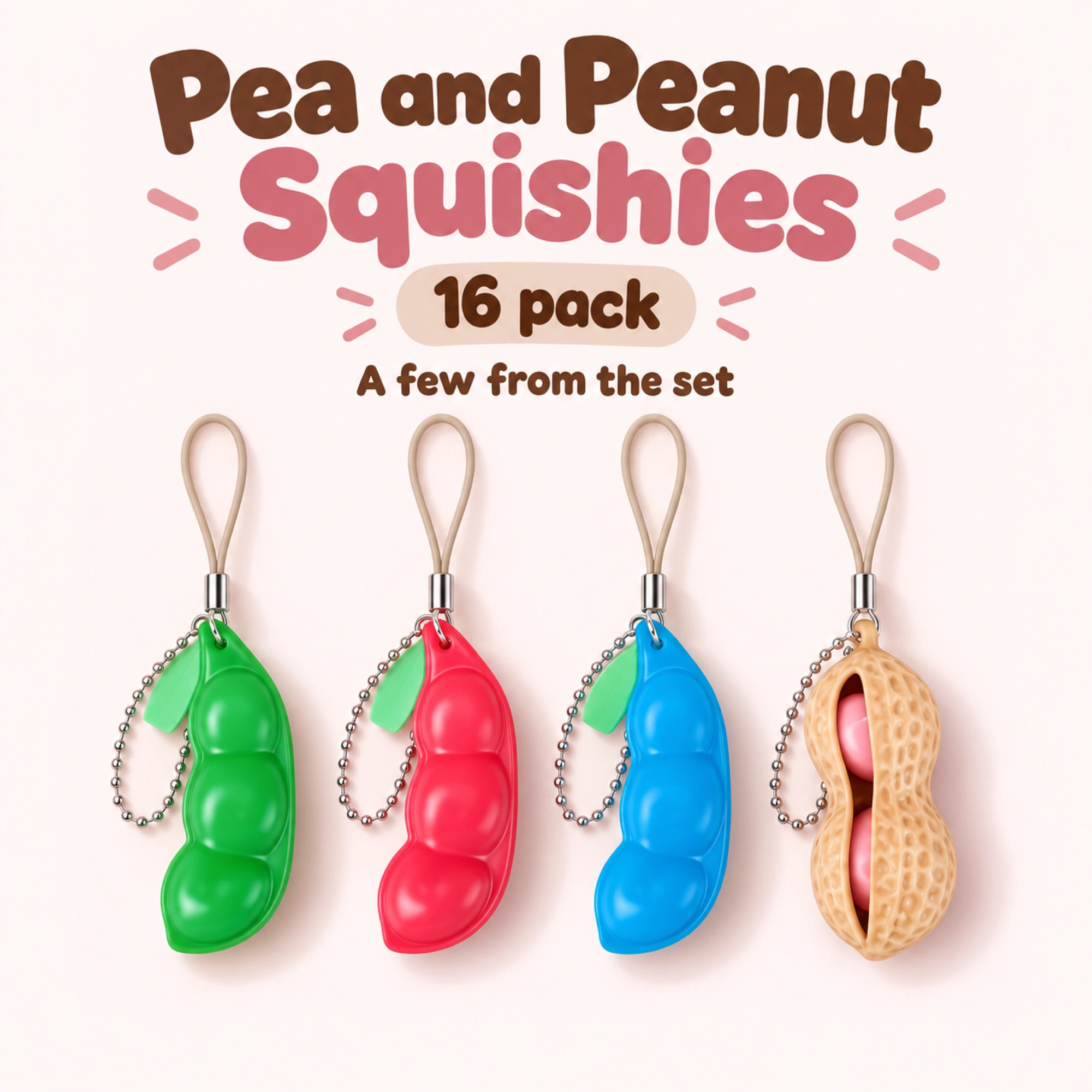 16 Pack Soybean Squishy Pea, Pea Pod &amp; Peanut Keychain Toys — pack