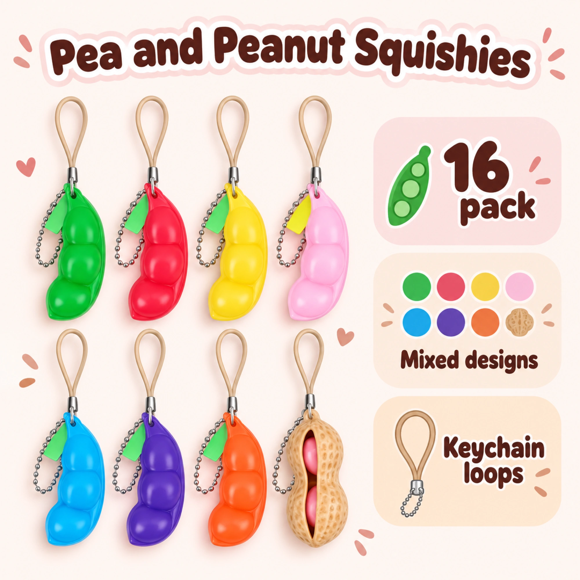 16 Pack Soybean Squishy Pea, Pea Pod &amp; Peanut Keychain Toys — spec