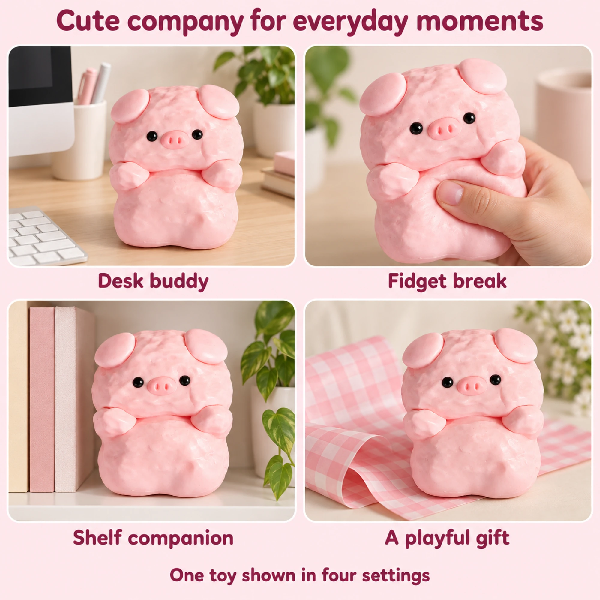 Pink pig squishy in four everyday settings