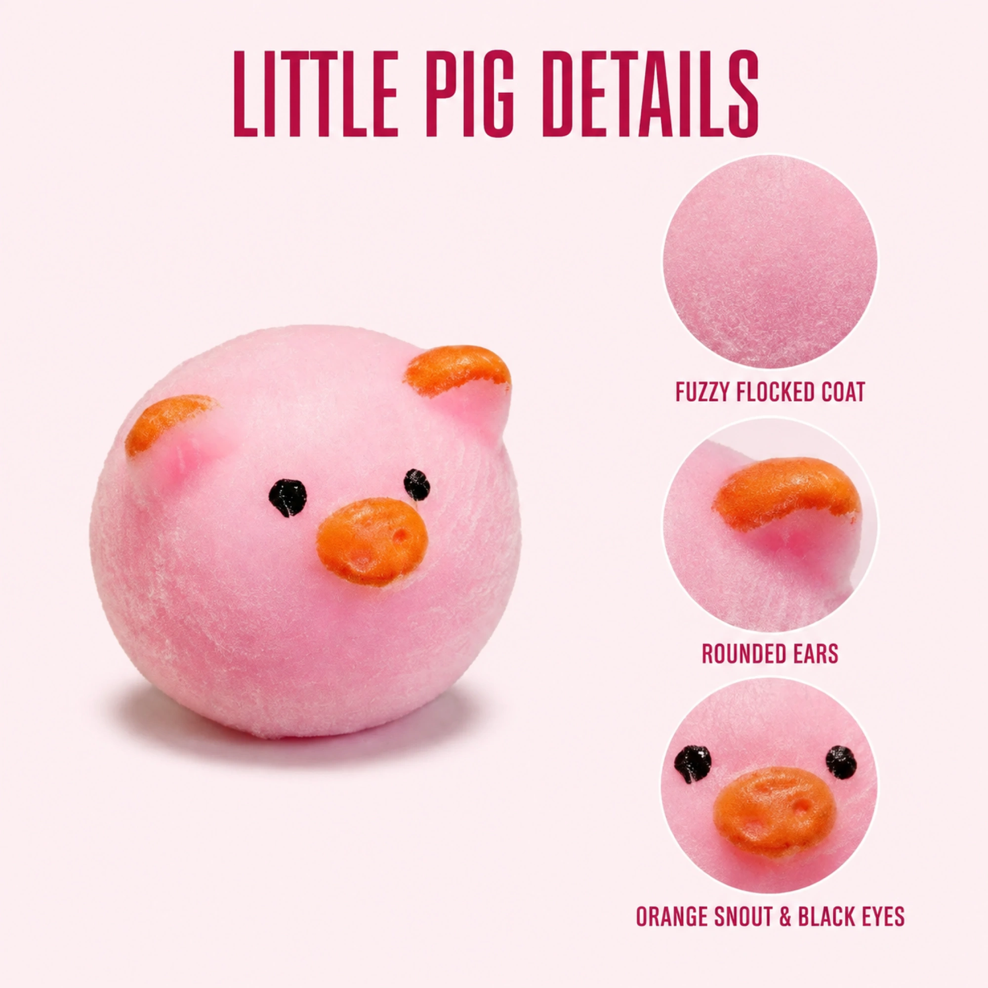 Mini pig squishy details showing rounded ears, orange snout and black eyes