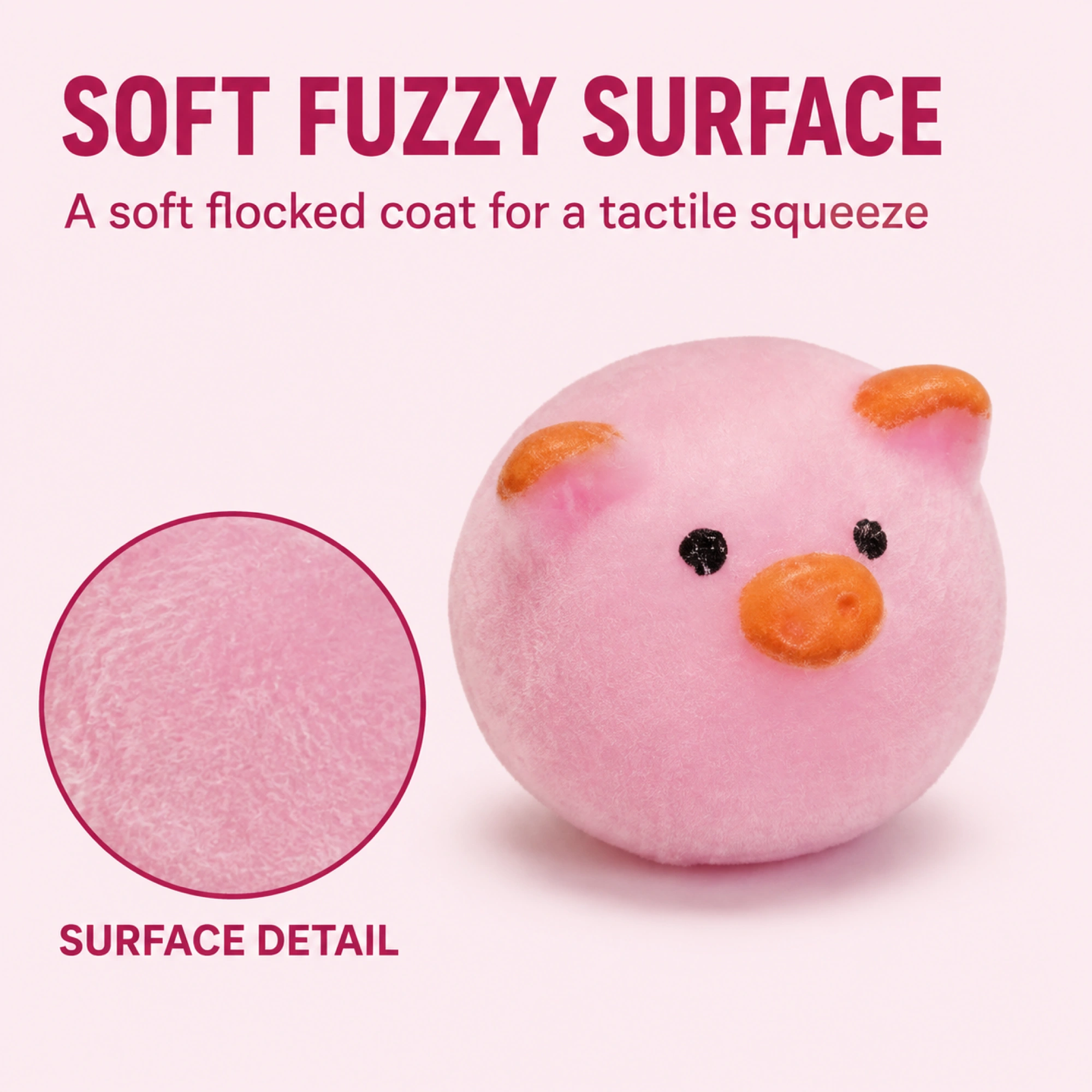 Mini pink pig squishy with close-up of fuzzy flocked surface