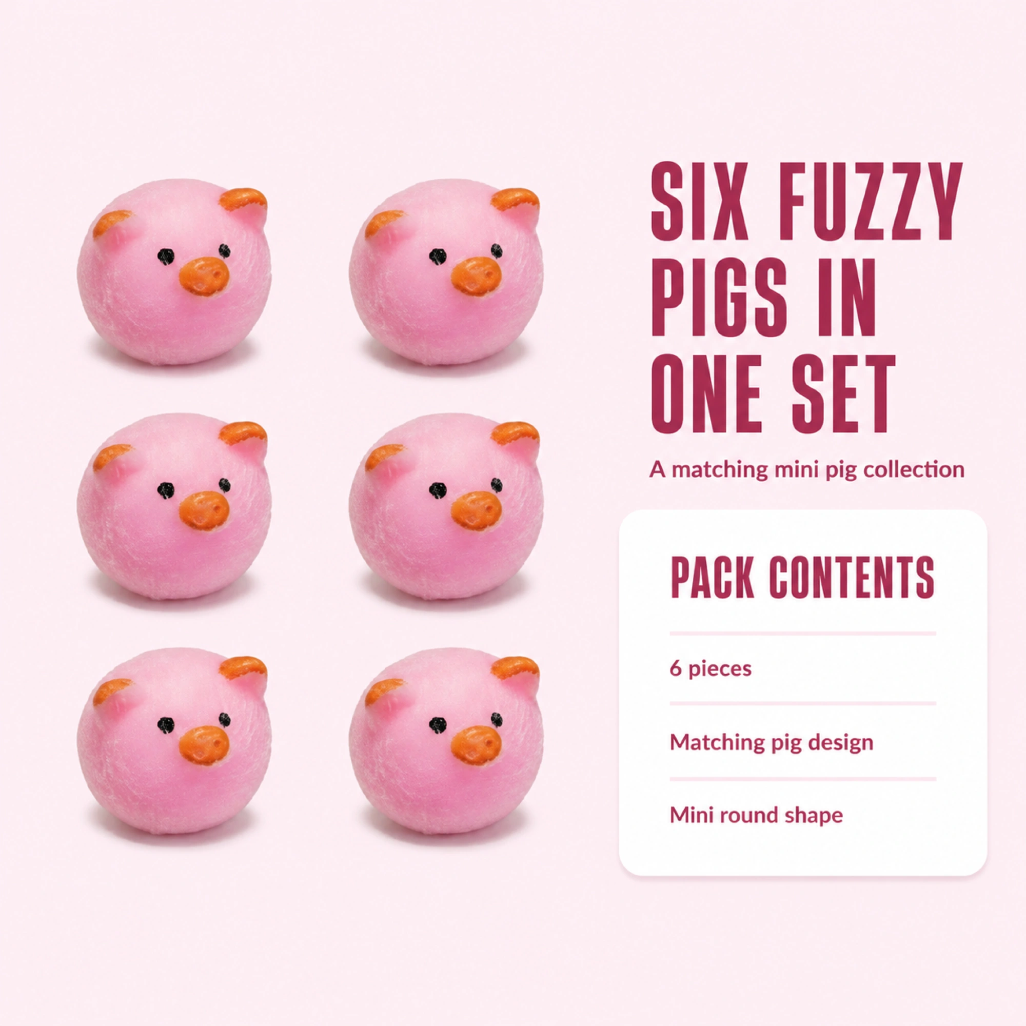 Six matching fuzzy pink pig squishies in one set