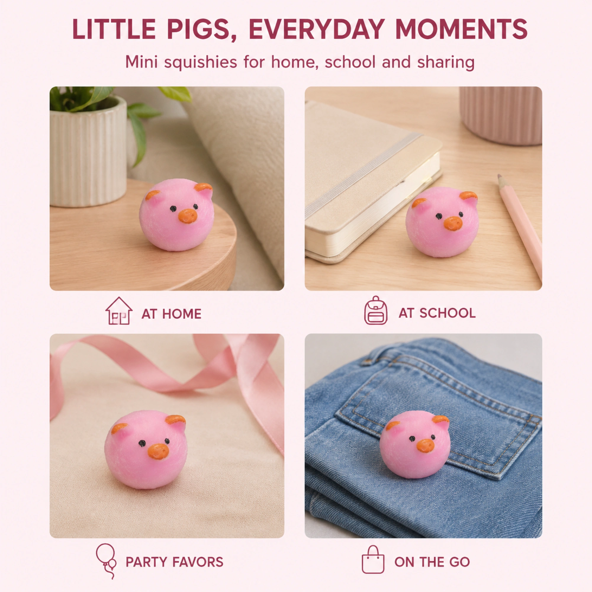 Mini pig squishy at home, school, for party favors and on the go