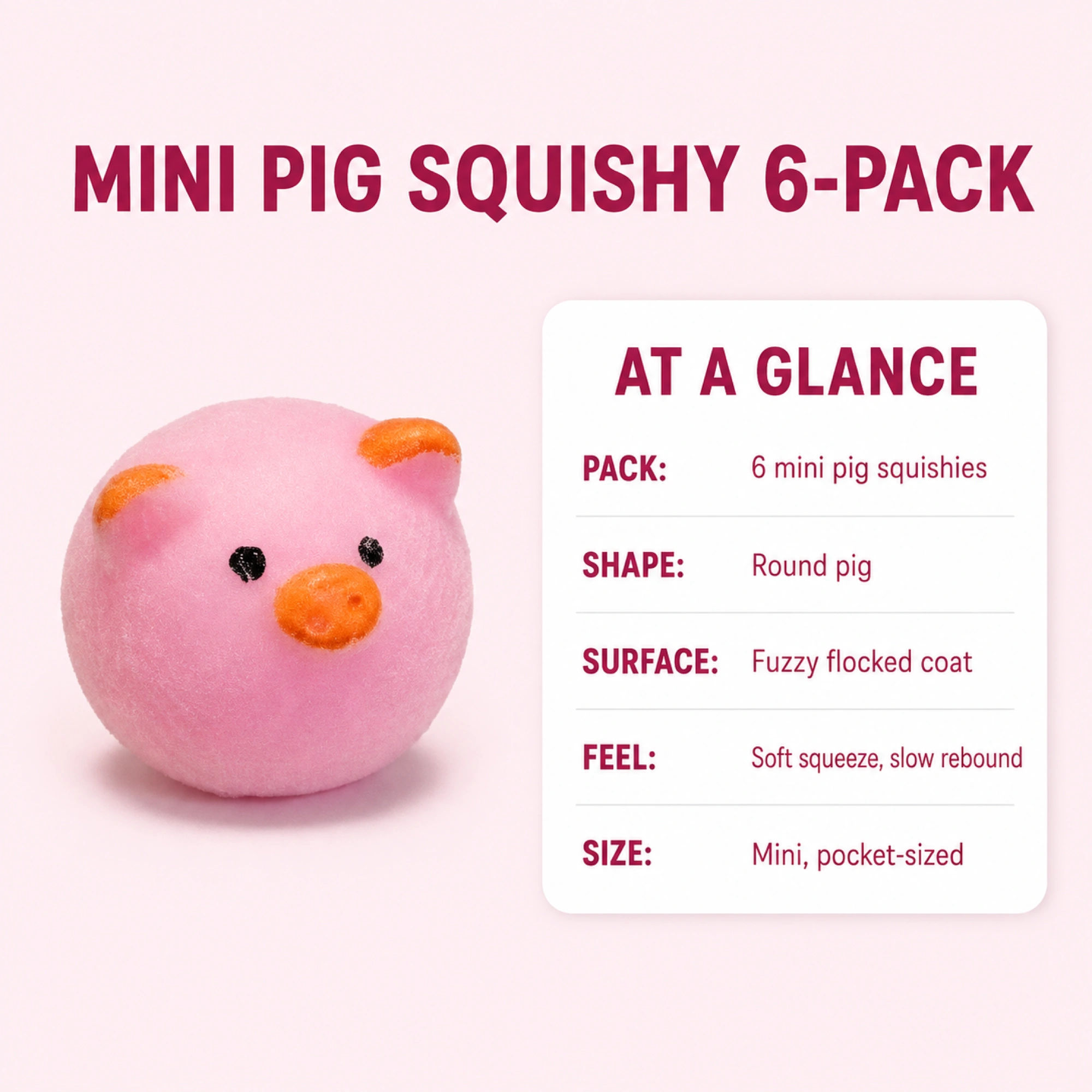 Mini pig squishy six-pack specifications
