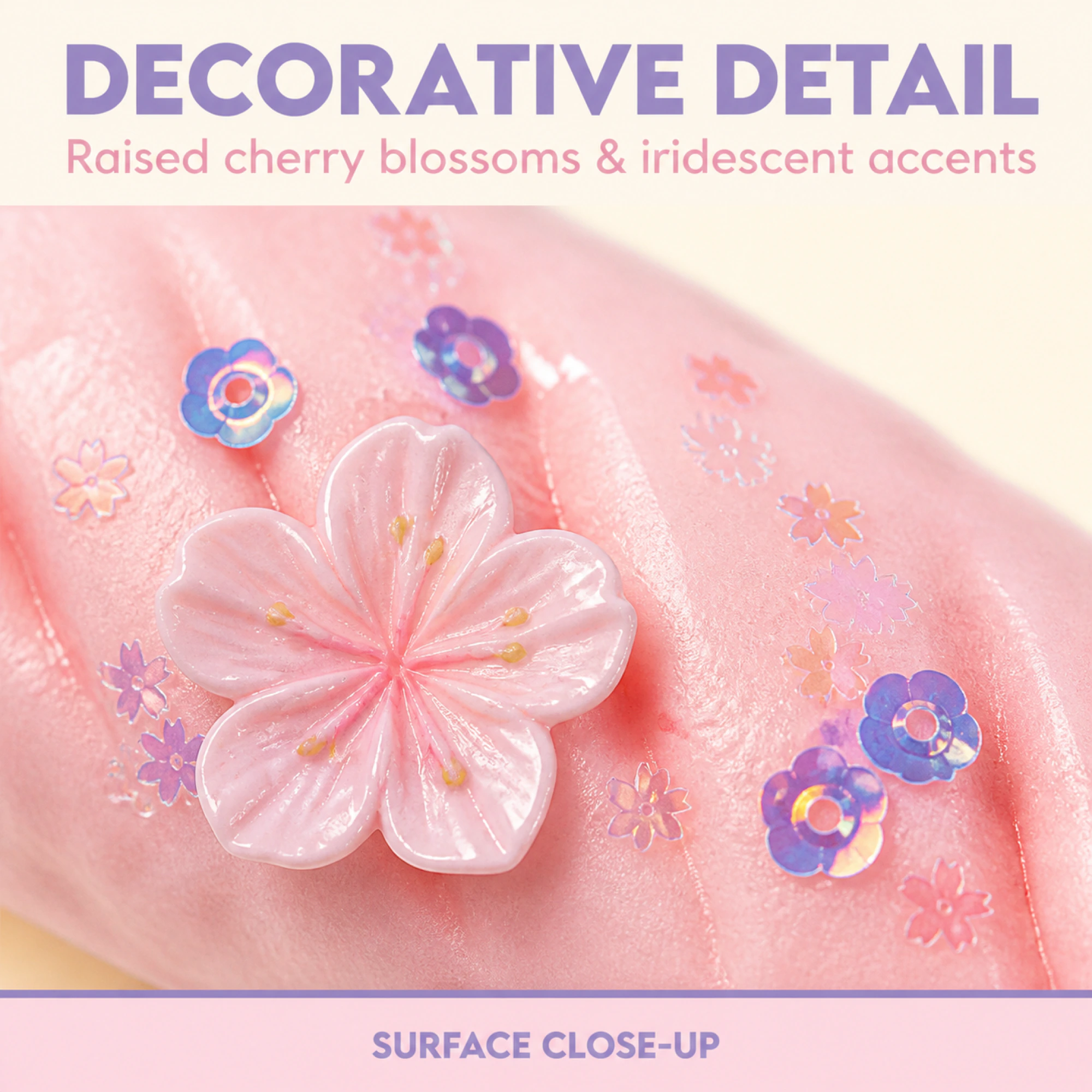 Squishy baguette rosa floreale — con primo piano della superficie