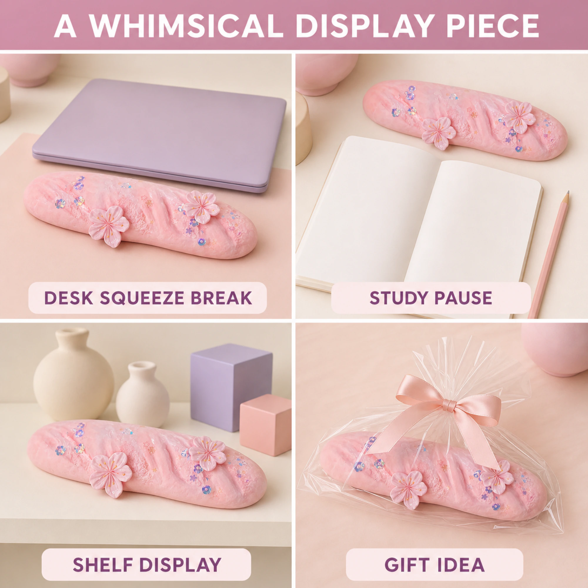 Squishy baguette rosa floreale — in scene quotidiane