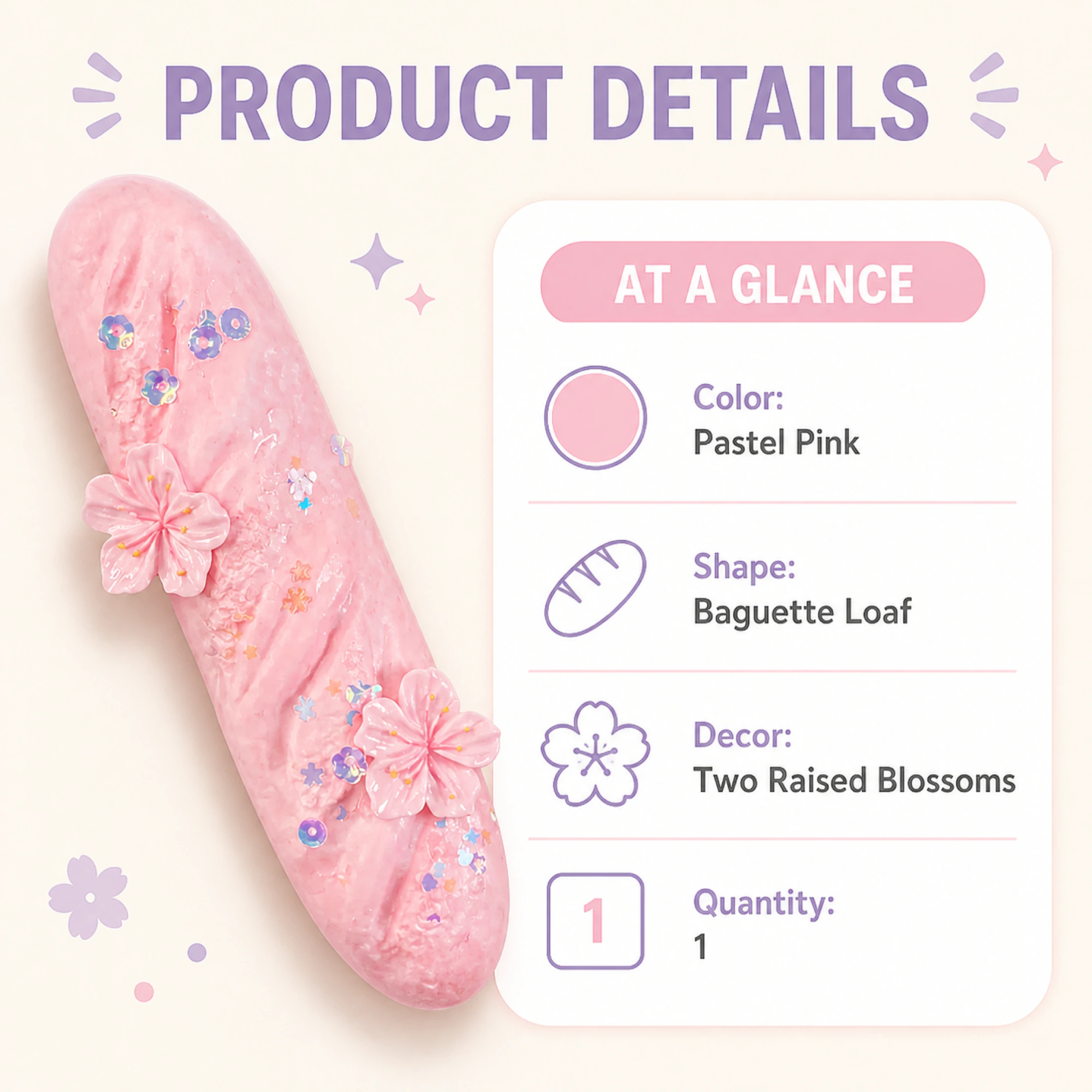 Squishy baguette rosa floreale — con scheda tecnica