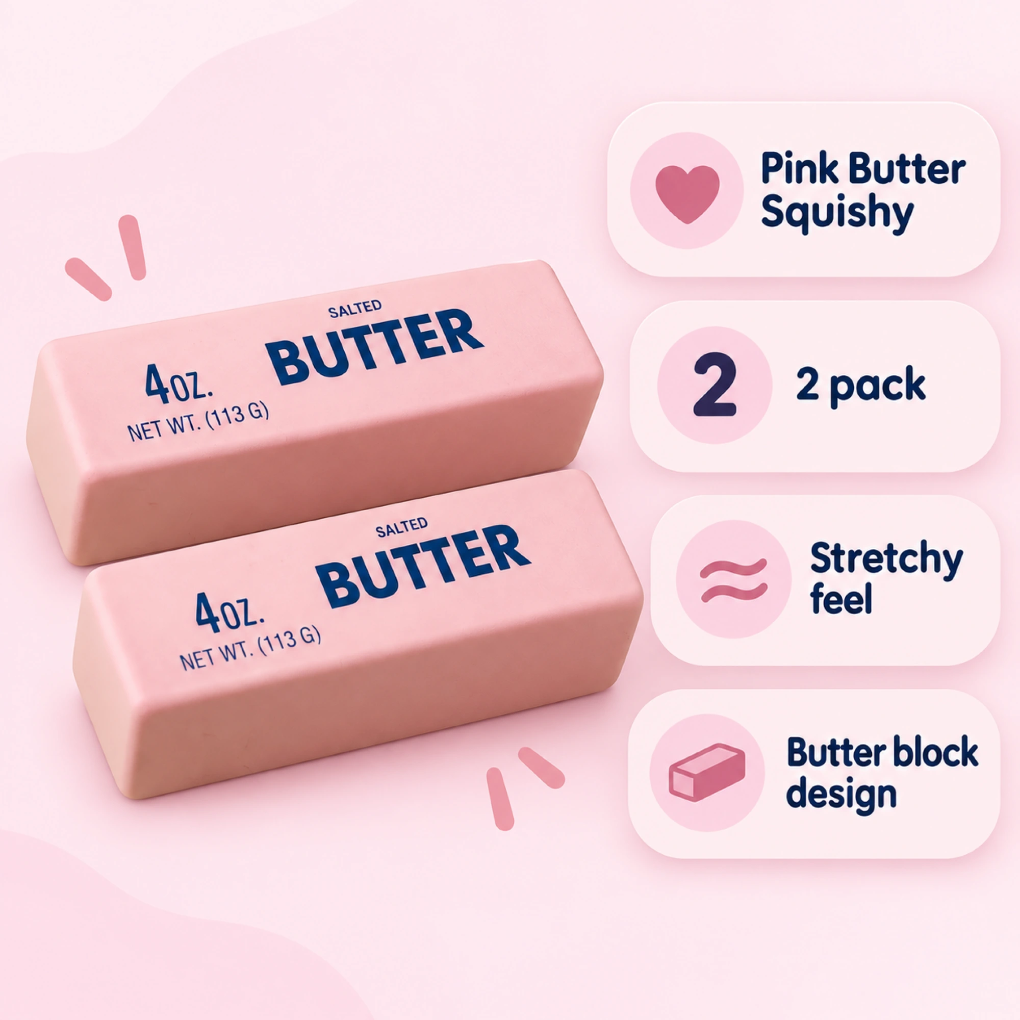 Pink Butter Brick Squishy, 2 Pack - Stretchy Stress Squeeze Toy — spec