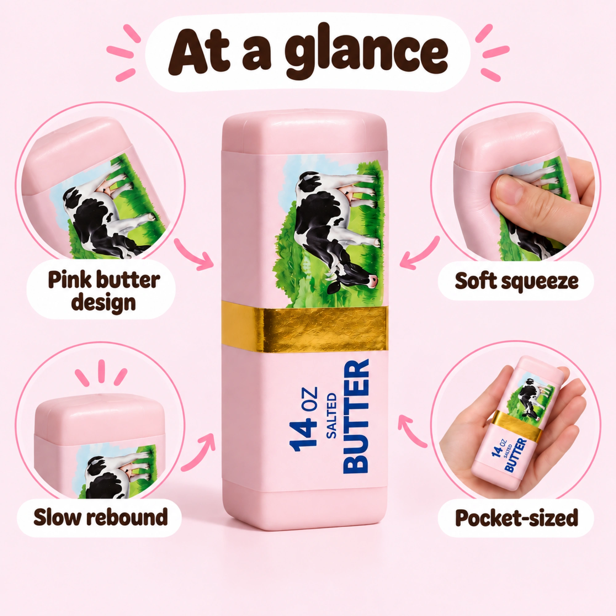 Pink Butter Squishy – Realistic Slow-Rising Butter Stick Stress Toy — spec