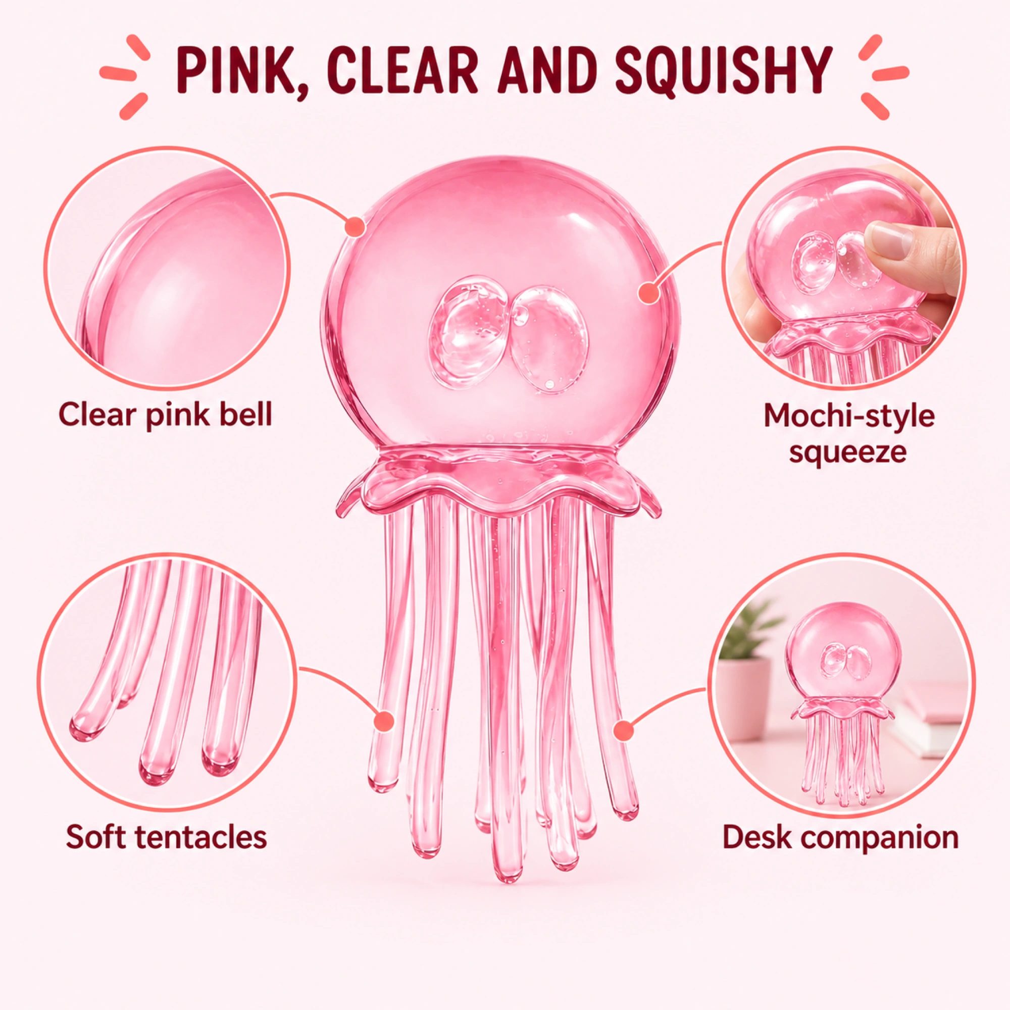 Mochi Jellyfish Squishy Soft Squeeze Stress Toy, Pink — alternate view