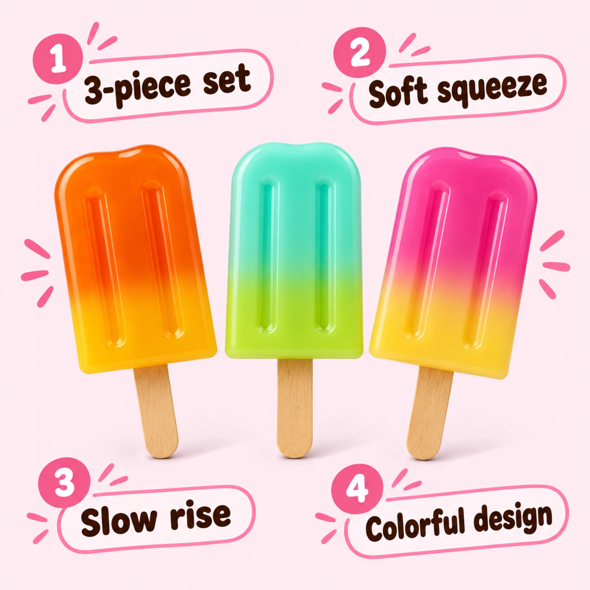 Popsicle skuishi Toys – 3 опаковки с бавно възстановяване във формат Ice Cream Fidget Set | скуиши — алтернативен изглед