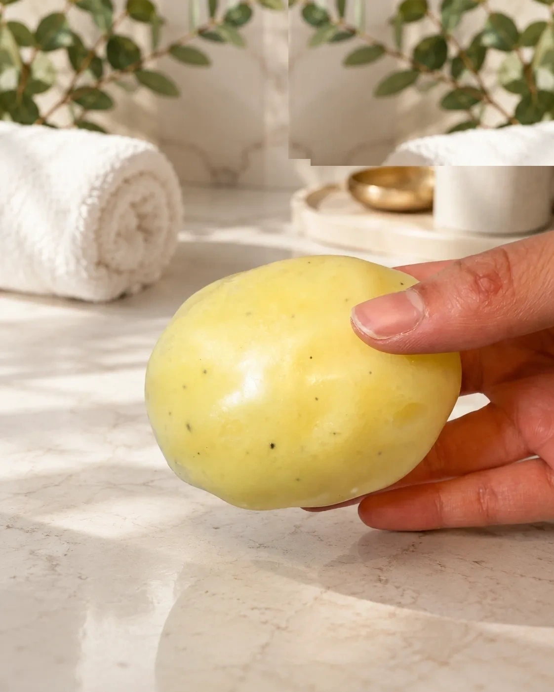 Hand holding a pale yellow potato-shaped squishy beside a rolled white towel and green plants