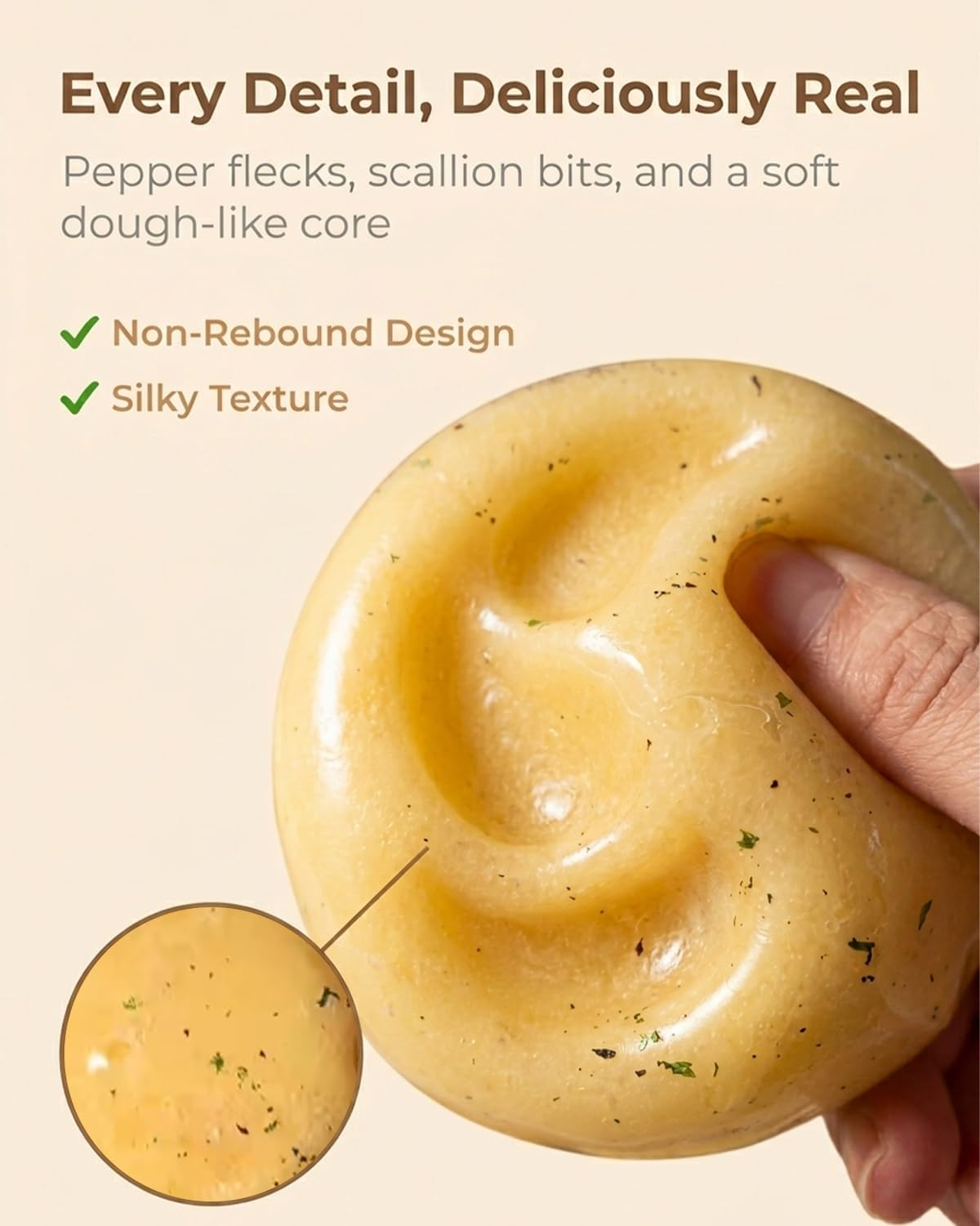 Close-up of the mashed potato squishy showing pepper flecks, scallion bits and silky non-rebound texture