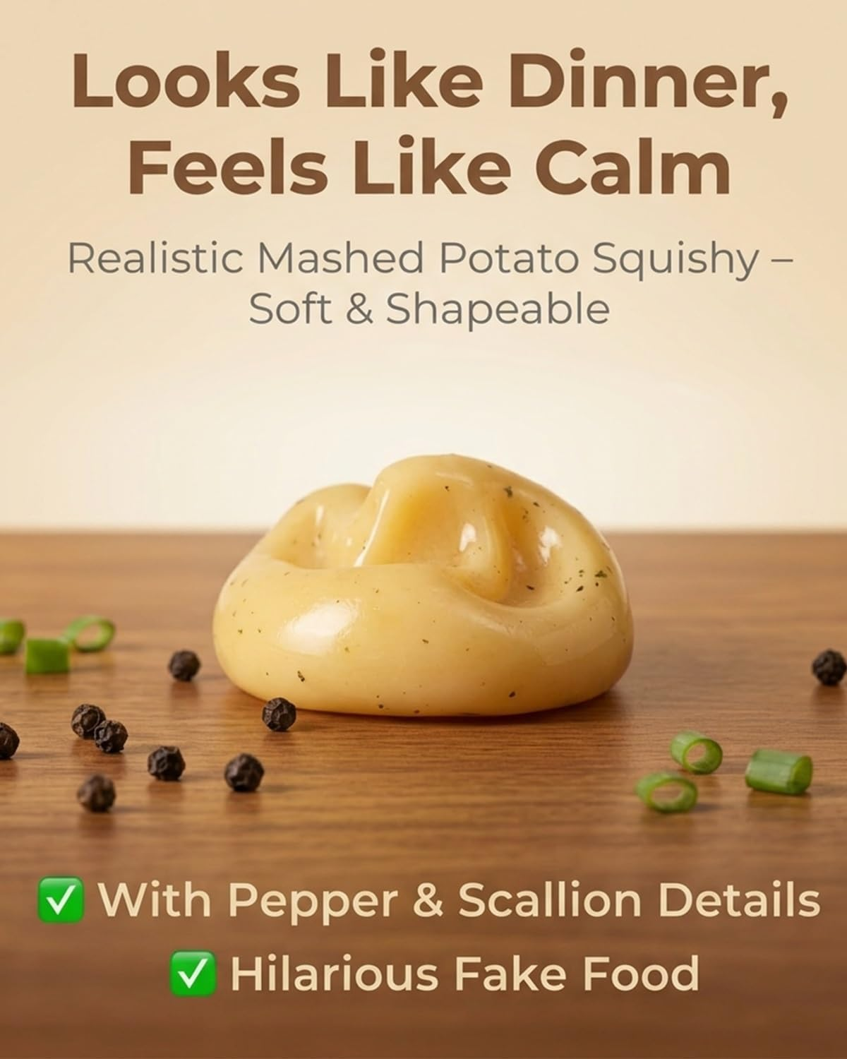 Realistic mashed potato squishy shaped on a wood table with pepper and scallion details