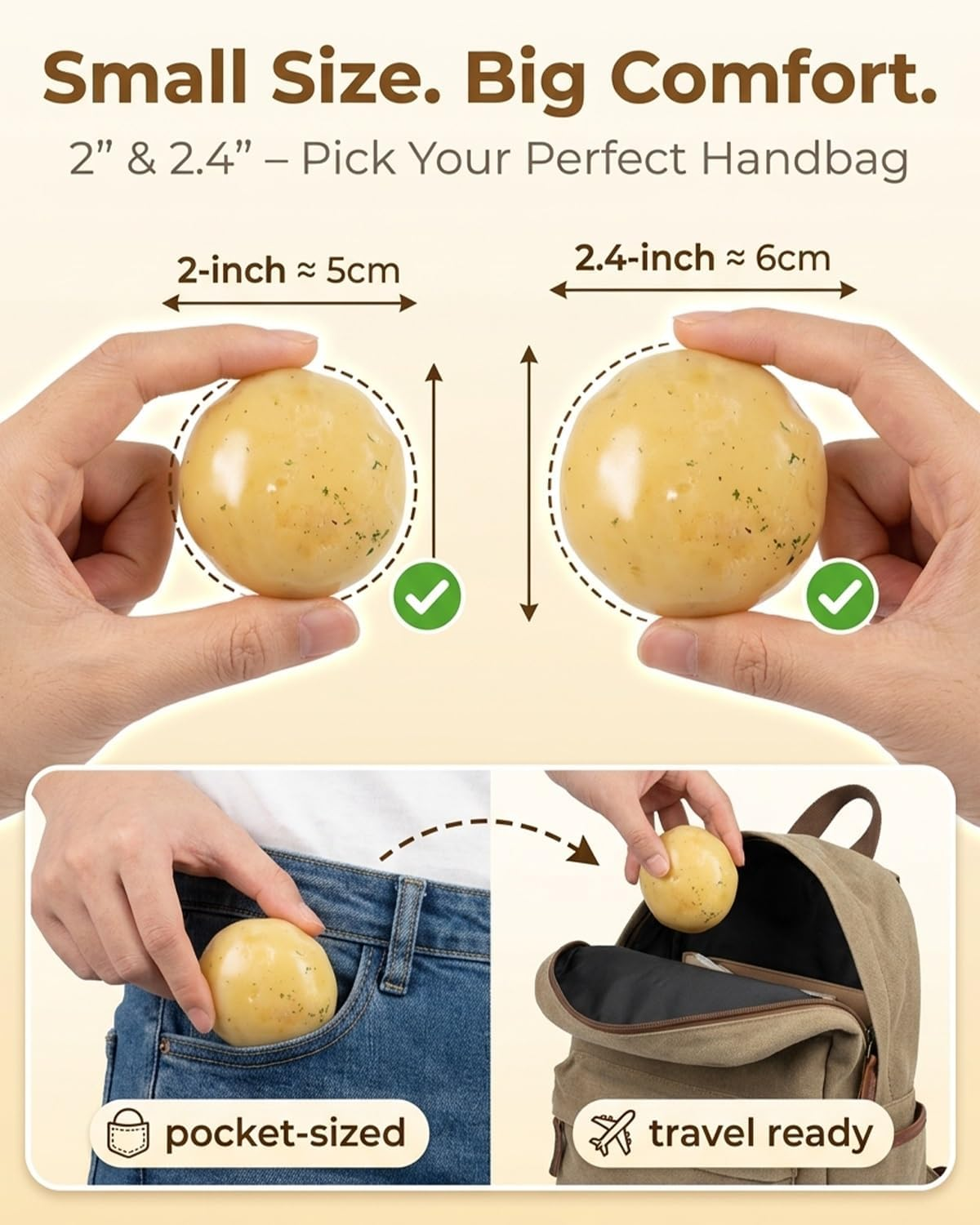 Size comparison of the mashed potato squishy, 2 inch 5 cm and 2.4 inch 6 cm, pocket-sized and travel ready