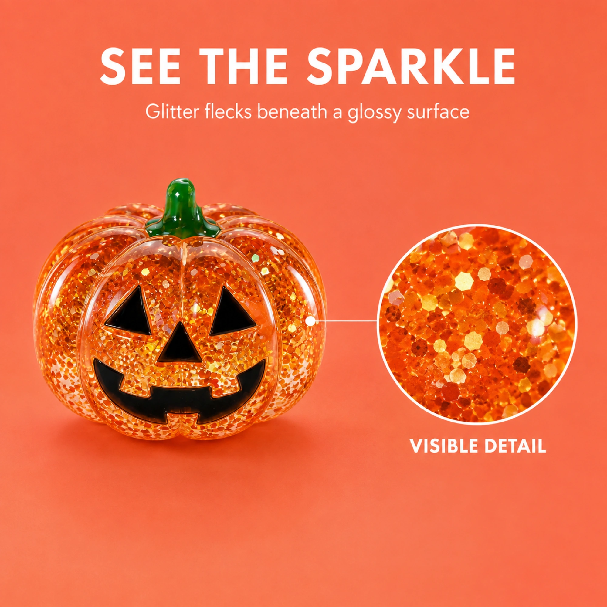 Complete orange pumpkin and close-up of visible glitter flecks