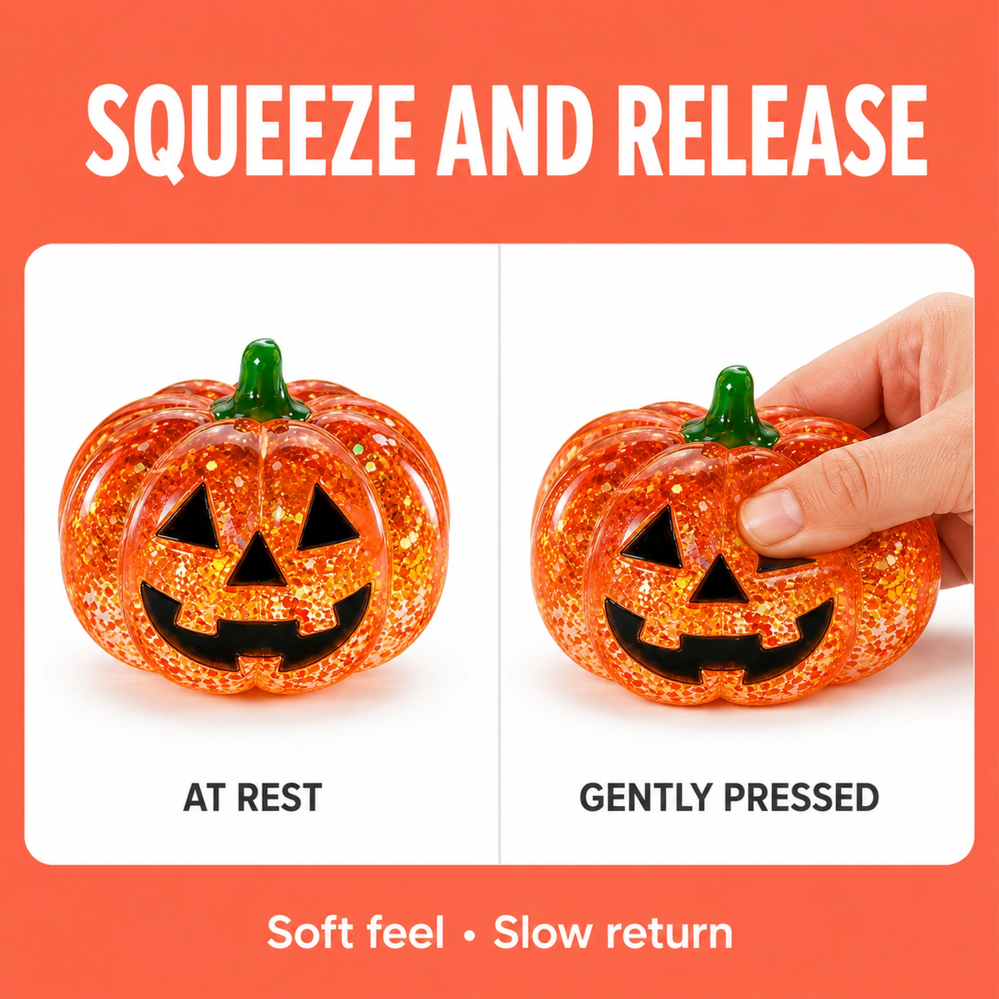 Same pumpkin squishy at rest and gently pressed