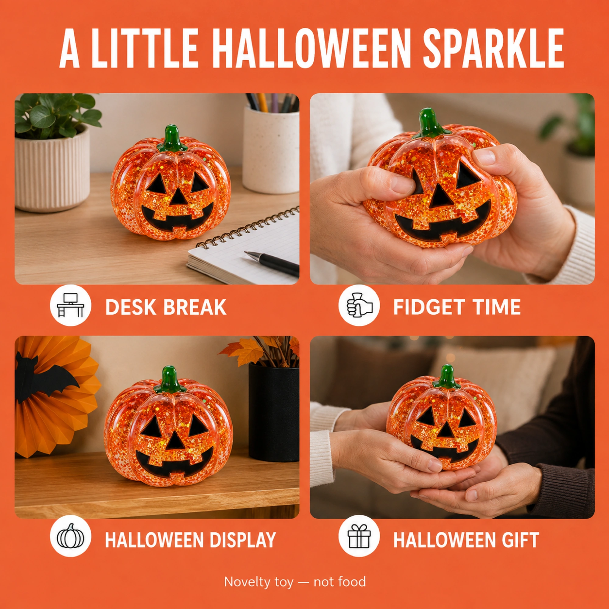 Glitter pumpkin desk fidget, Halloween display and gift scenes