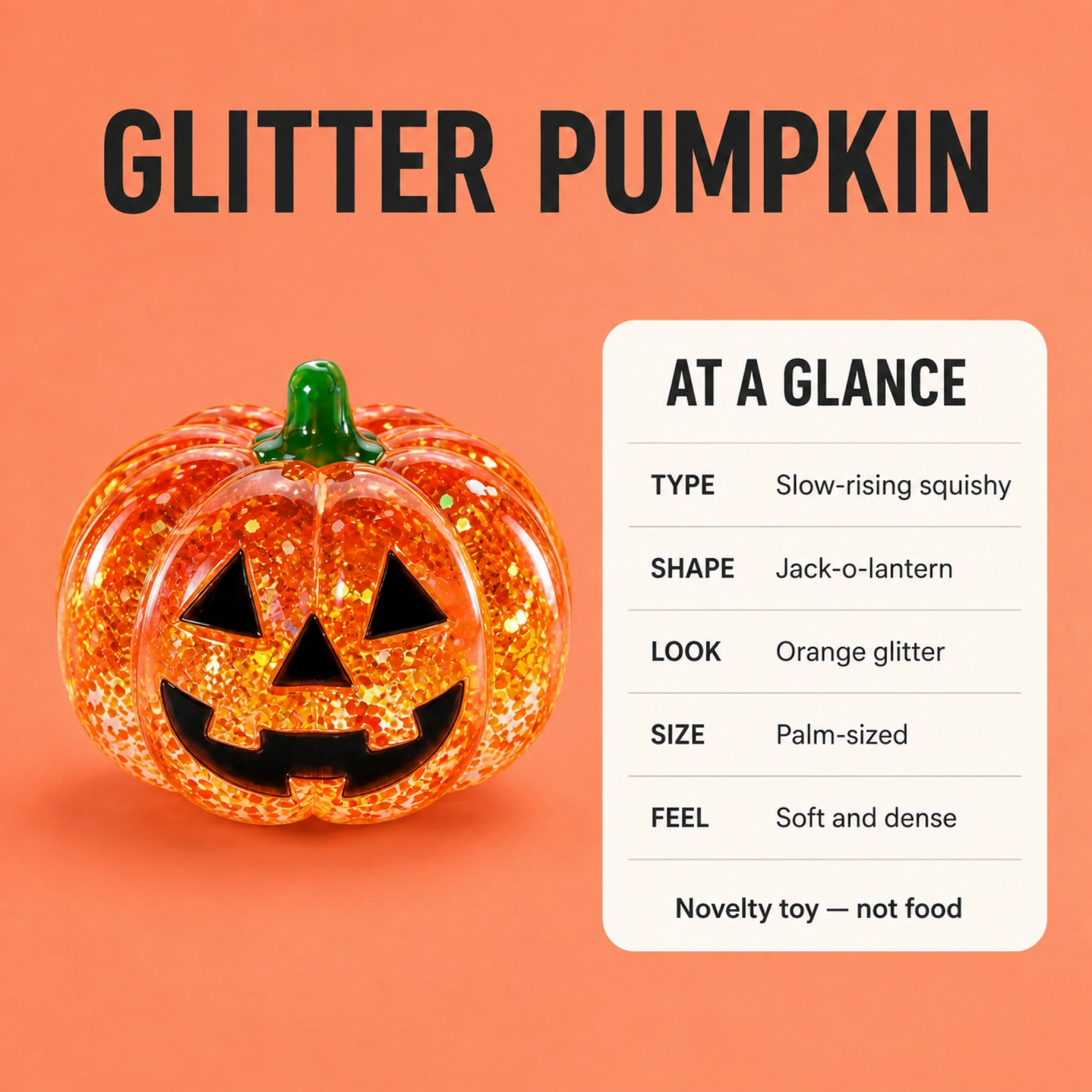 Glitter pumpkin factual information card; novelty toy not food