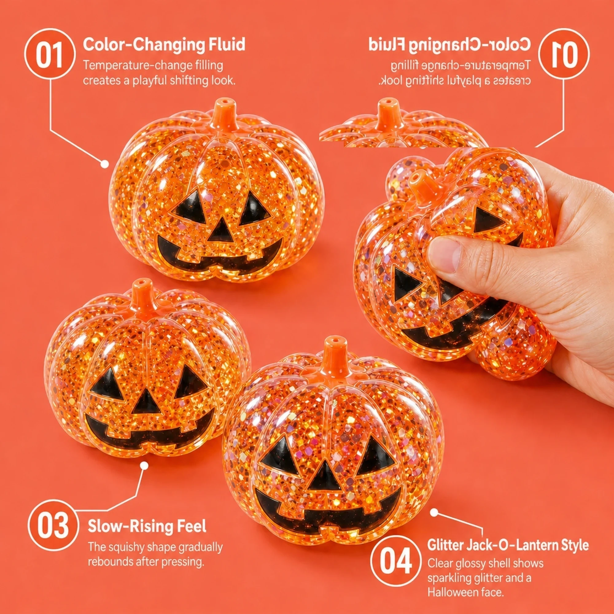 Pumpkin Squishy — Halloween Glitter Jack-o'-Lantern Slow-Rising Stress Toy — alternate view