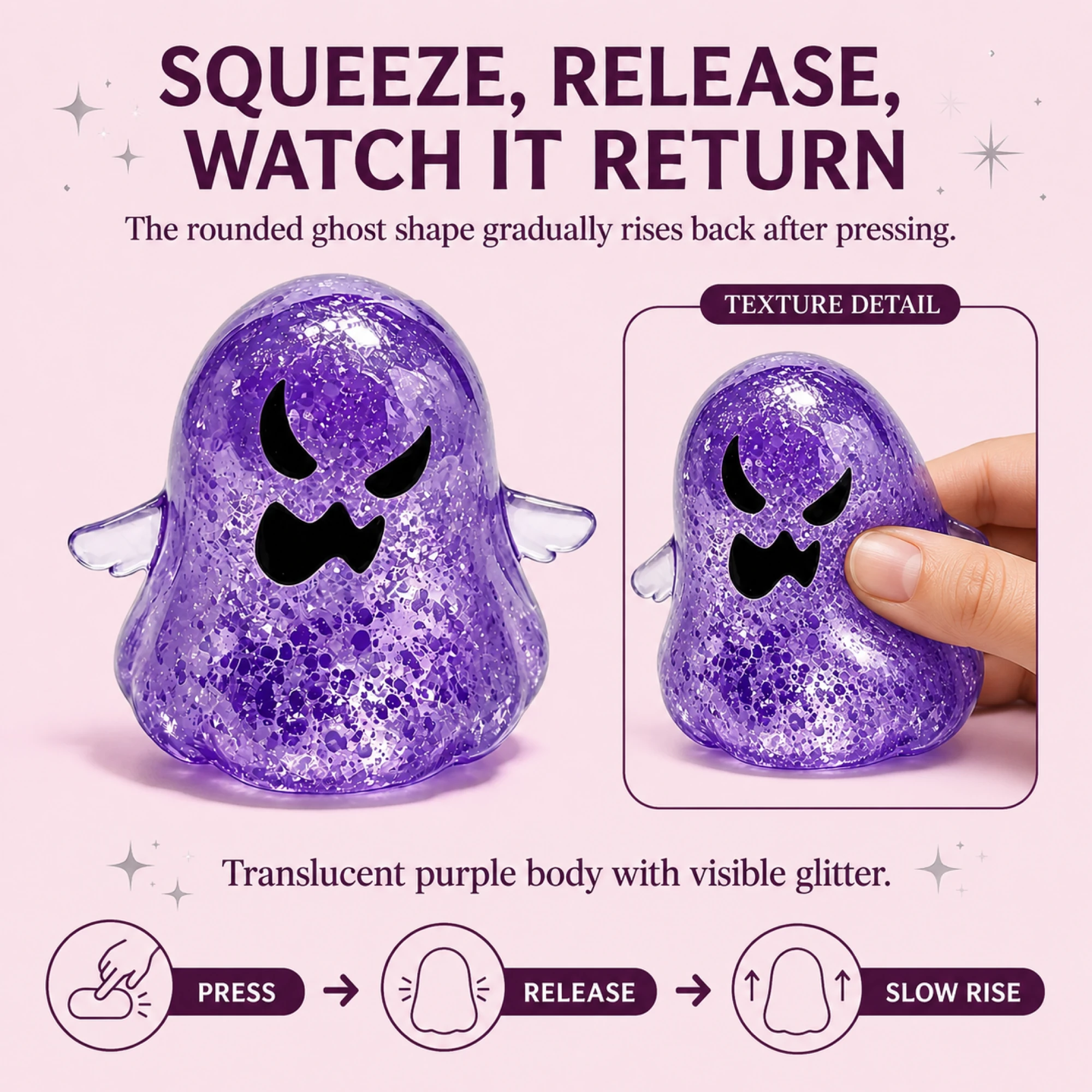 Purple glitter ghost squishy — slow-rising squeeze detail