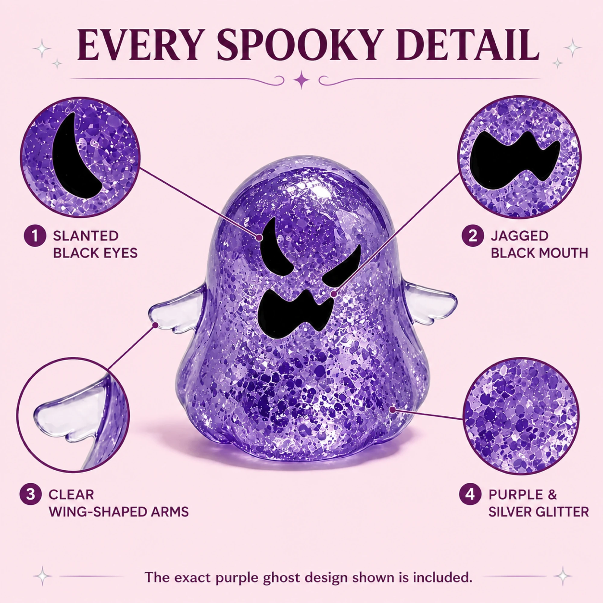 Purple glitter ghost squishy — eyes, mouth, wings, and glitter details