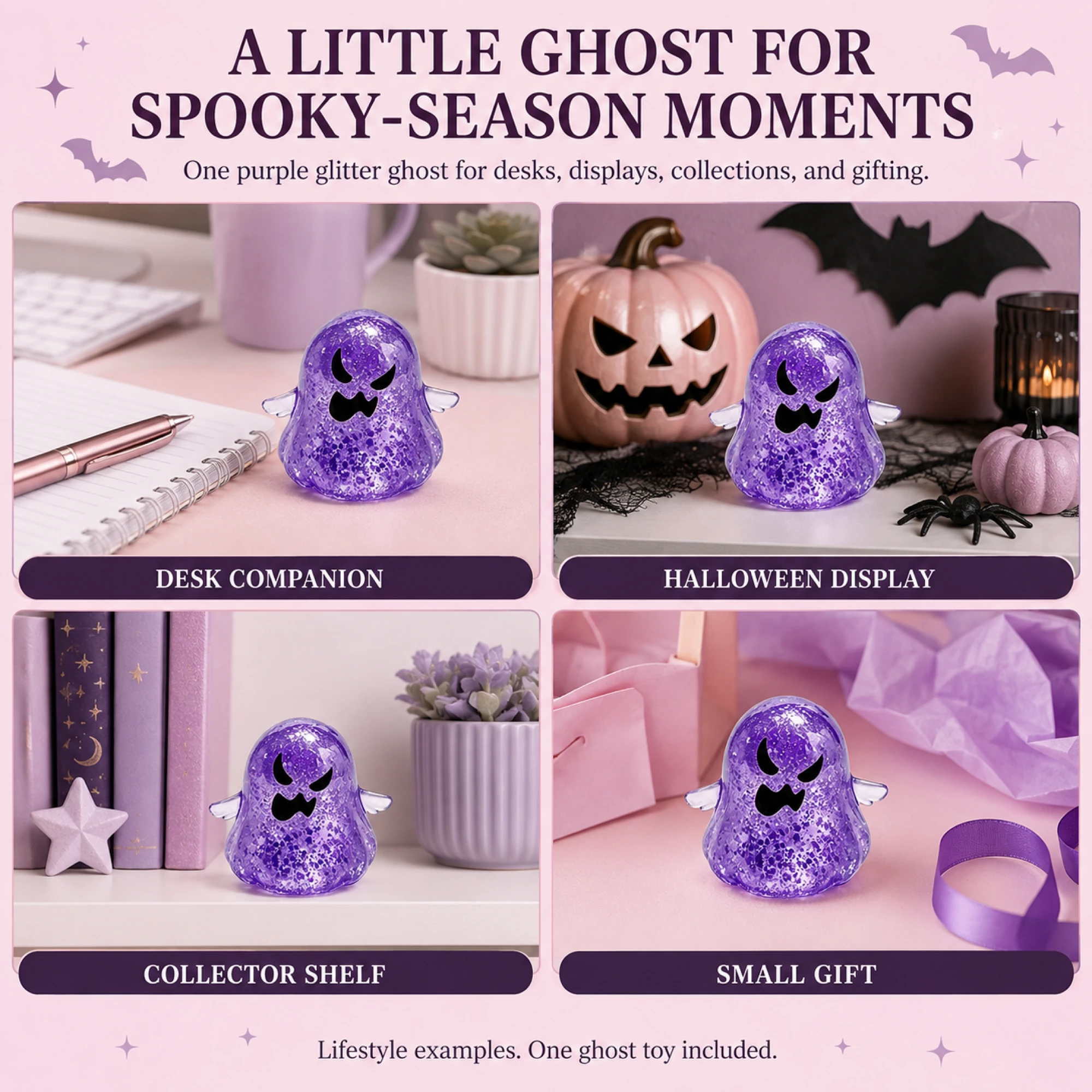 Purple glitter ghost squishy — desk, display, collection, and gift scenes
