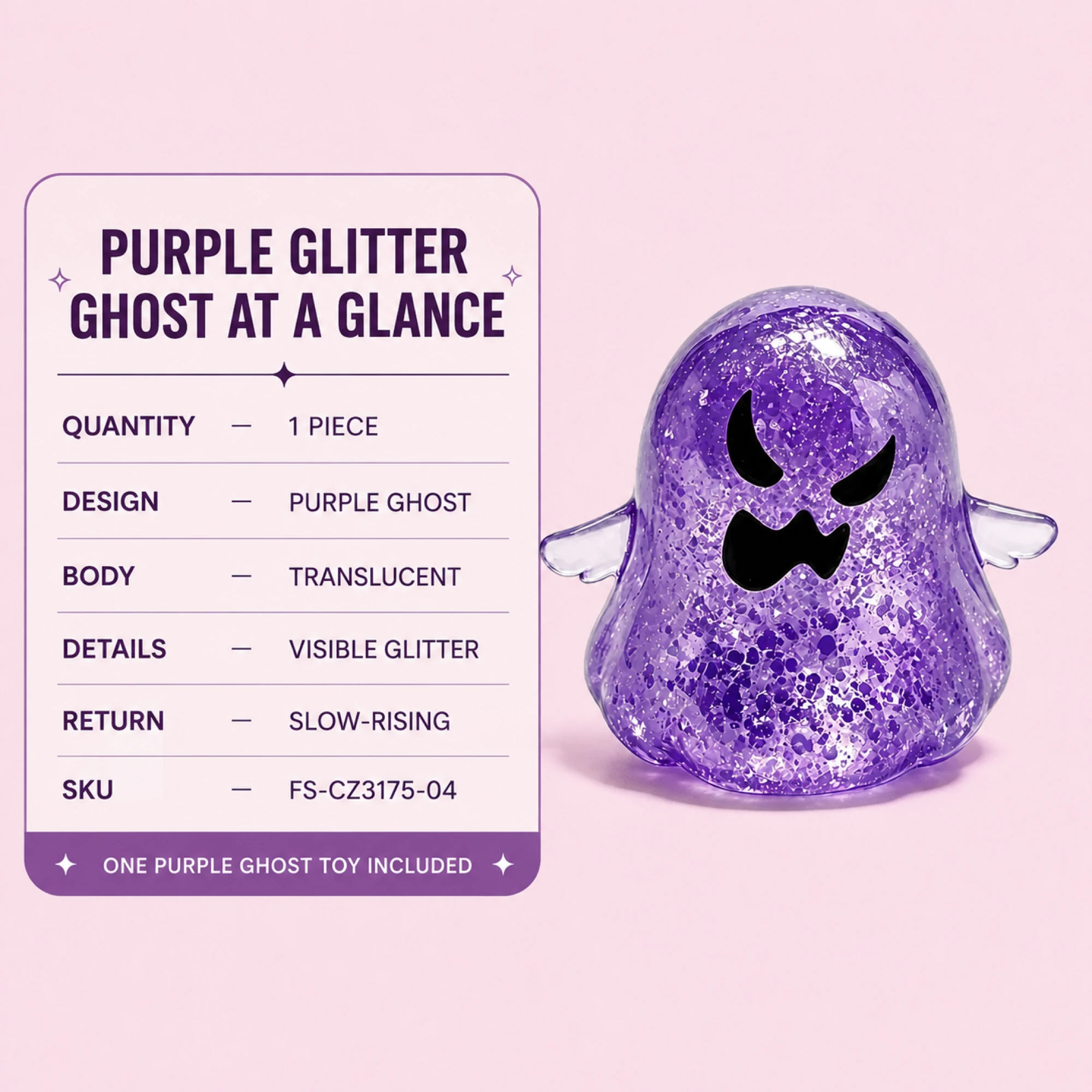 Purple glitter ghost squishy — one-piece specifications