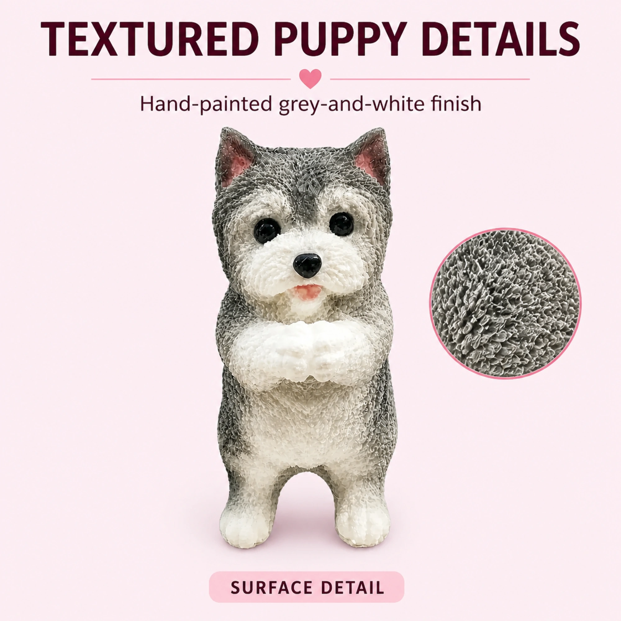 Grey and white Schnauzer foam squishy - molded fur surface texture