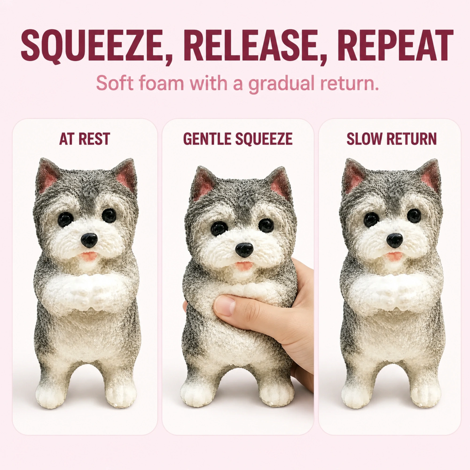 Grey and white Schnauzer foam squishy - gentle squeeze and slow return