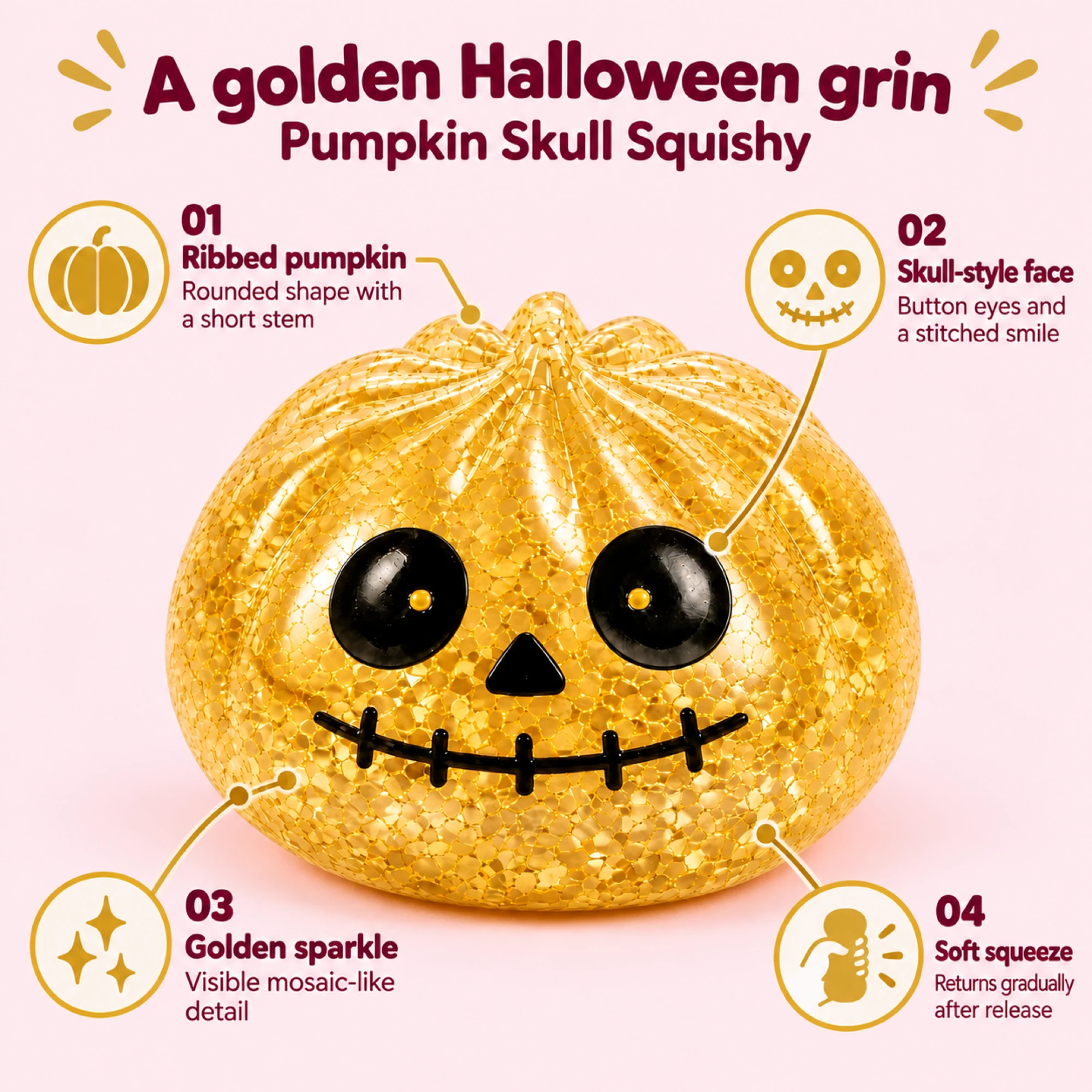 Gold Pumpkin Skull Squishy — Glitter Halloween Slow-Rising Toy — alternate view